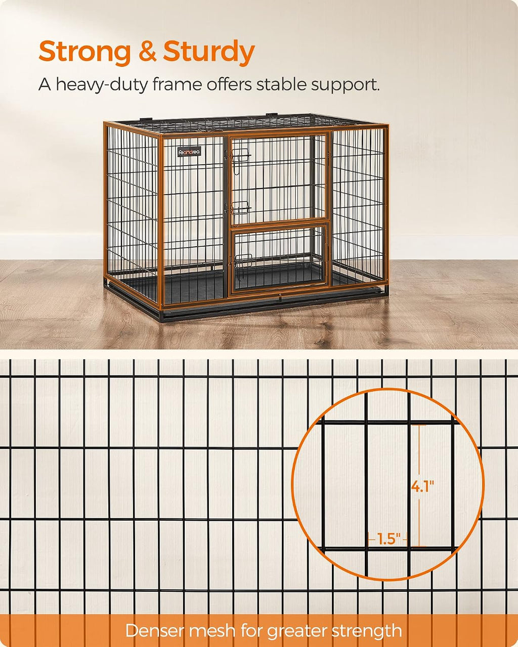 Feandrea 42.1 Inch Heavy Duty Dog Crate, Metal Escape Proof Kennel with Double Doors and Convenient Feeding Door, Removable Tray, Easy to Clean, XL Pet Crate for Large and Medium Dogs, Black