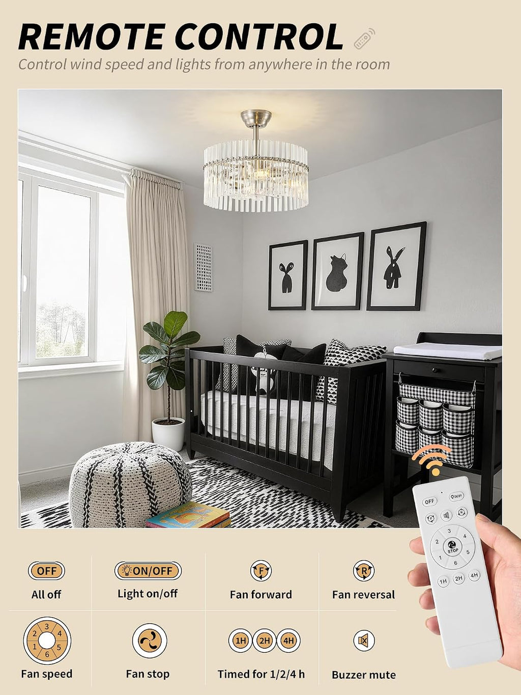 SYDACG 20' Silver and Clear Crystal Fandelier Ceiling Fan with Light, Mid-Century Chandelier Ceiling Fan with Light Remote Control, 6 Speeds for Bedroom, Nursery, Living Room