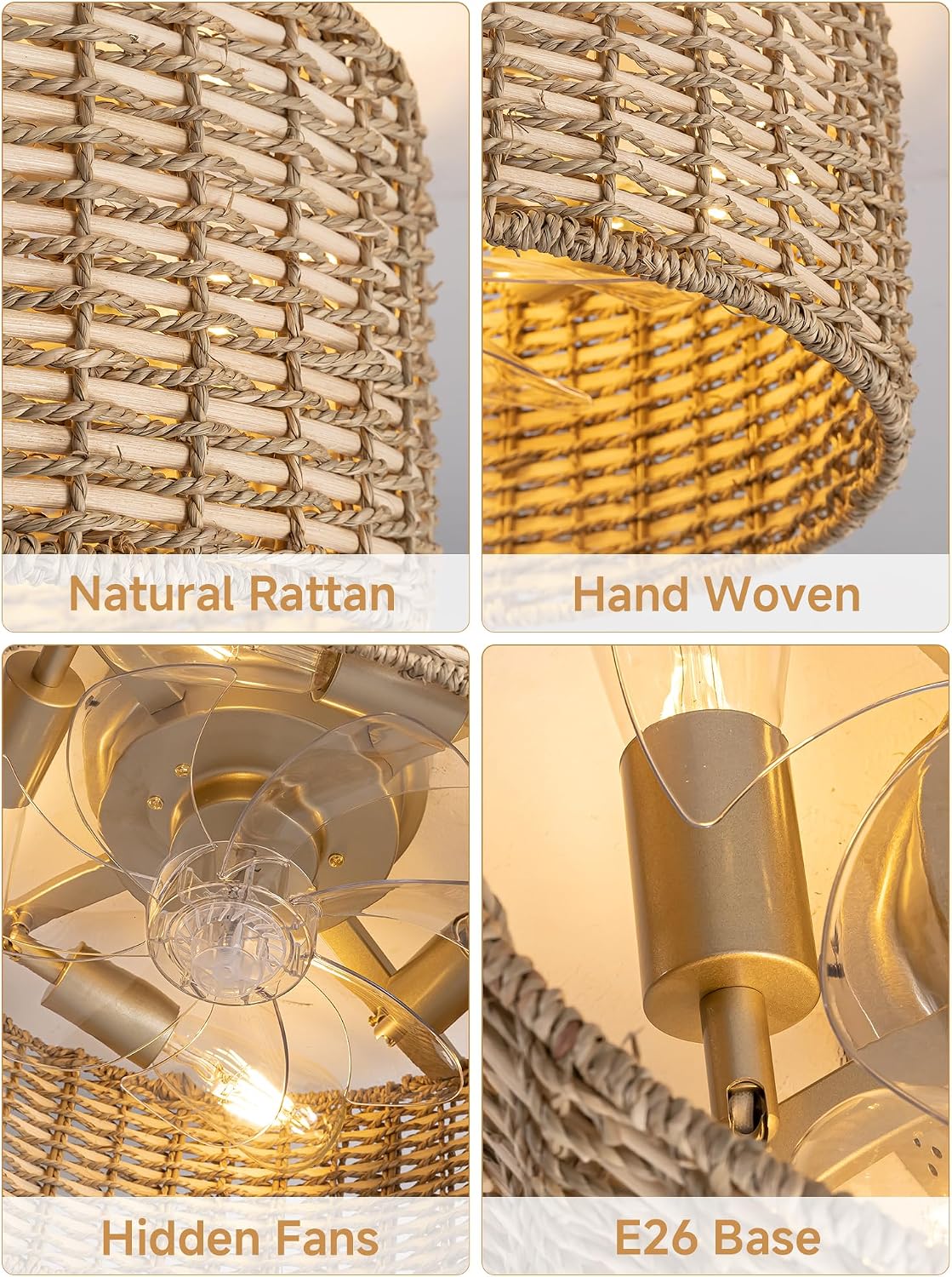 Handwoven Boho Rattan Ceiling Fan with Light,Flush Mount Caged Ceiling Fans with Lights and Remote Control,Low Profile Enclosed 6 Speeds Fandelier for Bedroom Living Dining Room,4-Light