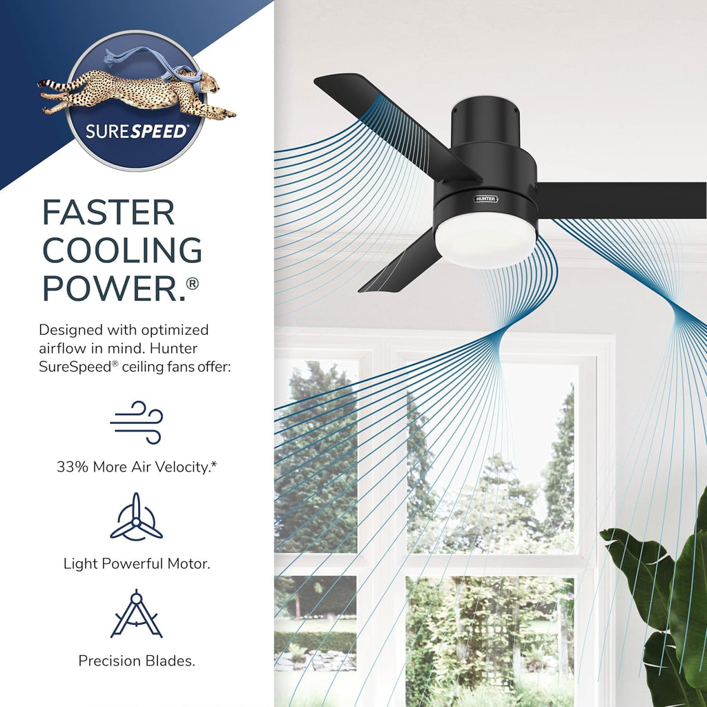 Hunter 44 inch Outdoor or Indoor Ceiling Fan with LED Light and Remote Control - Low Profile Mount Ceiling Fan, 3 Blades, For Patio, Porch, Garage, or Living Room, Quiet - Gilmour 51475, Matte Silver