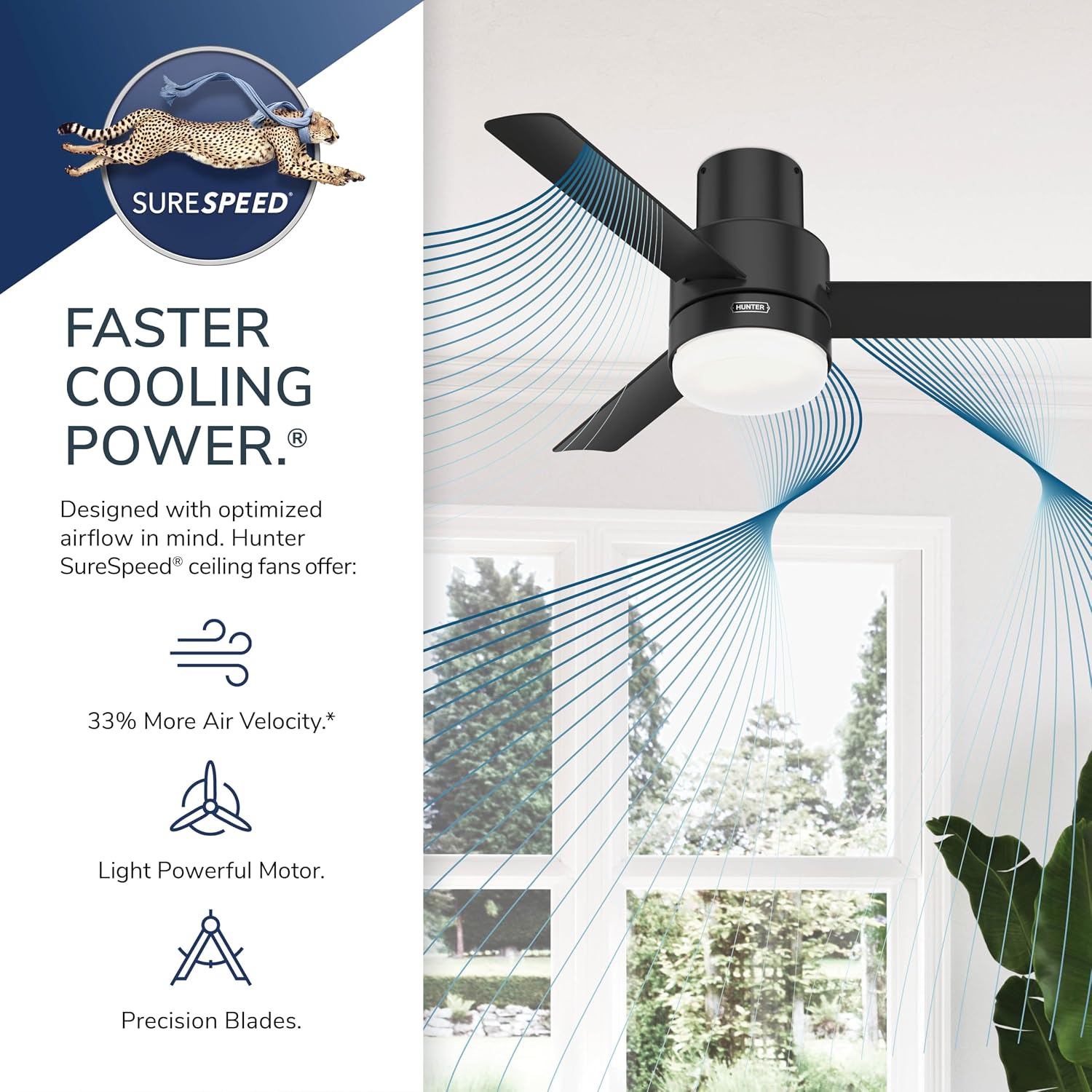 Hunter 44 inch Outdoor or Indoor Ceiling Fan with LED Light and Remote Control - Low Profile Mount Ceiling Fan, 3 Blades, For Patio, Porch, Garage, or Living Room, Quiet - Gilmour 51475, Matte Silver