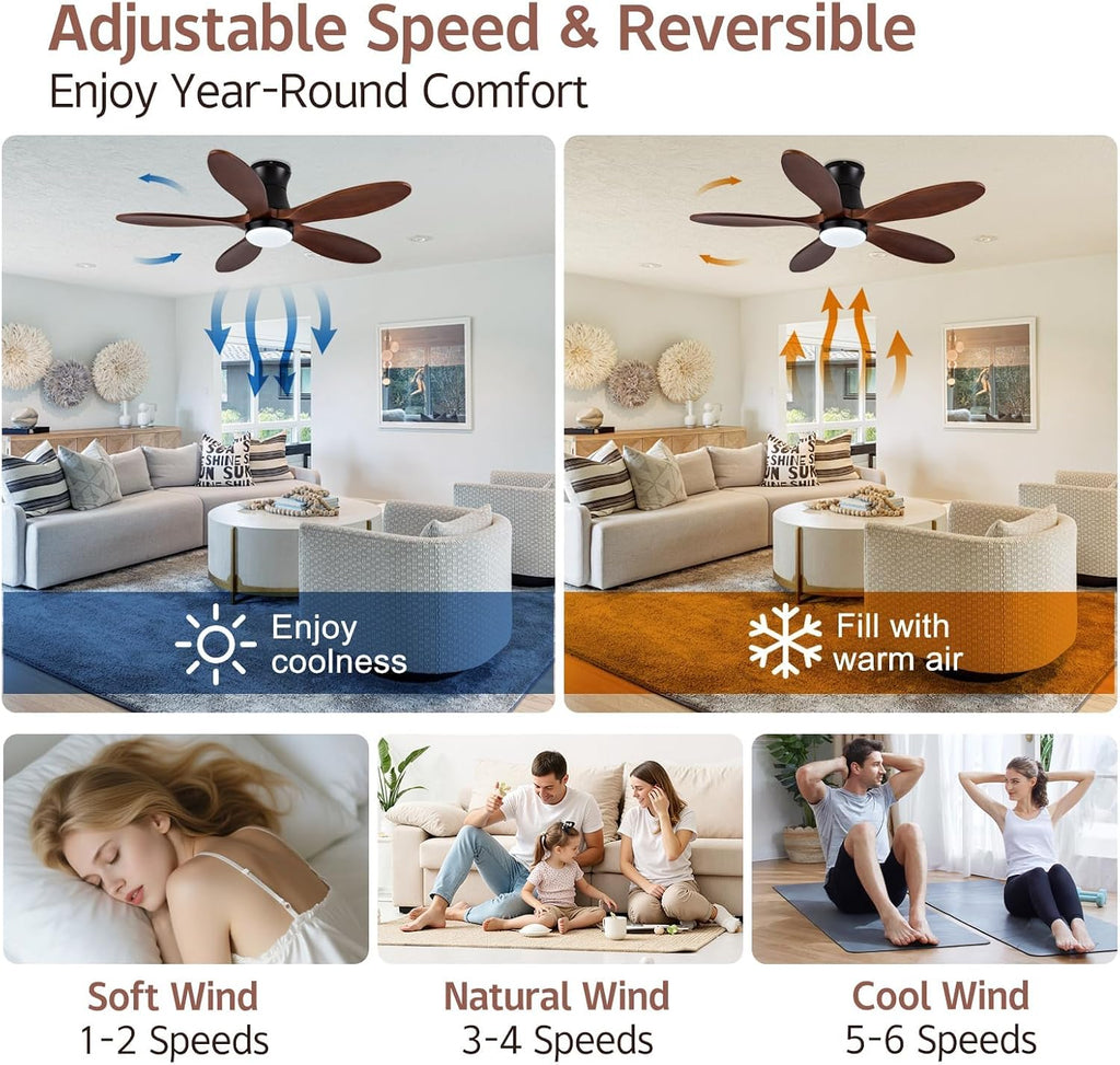 Smart 42 inch Ceiling fan with Light, Voice & App & Remote Control,Black Flush Mount Ceiling Fans,5 walnut Wood Blades, Reversible,3CCT,Dimmable,Quiet,for Living Room,Bedroom,Patio
