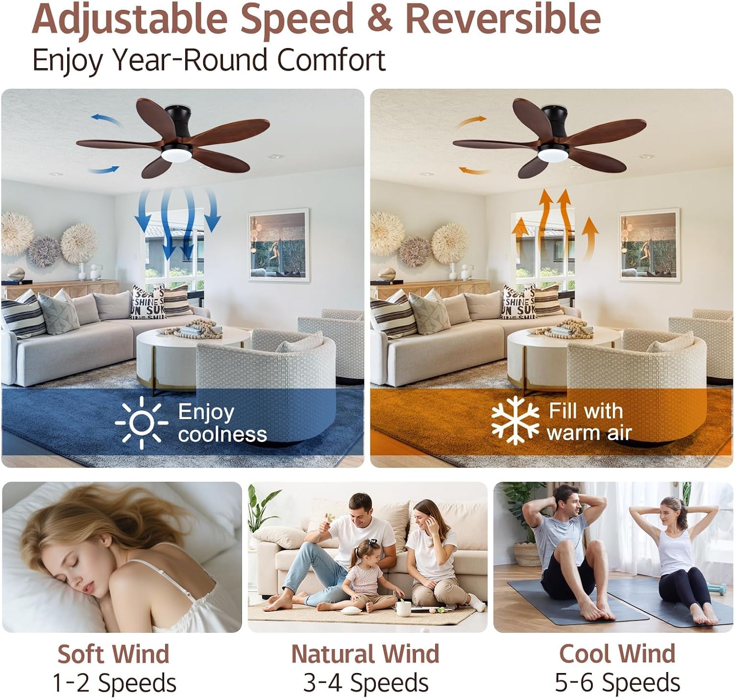 Smart 42 inch Ceiling fan with Light, Voice & App & Remote Control,Black Flush Mount Ceiling Fans,5 walnut Wood Blades, Reversible,3CCT,Dimmable,Quiet,for Living Room,Bedroom,Patio