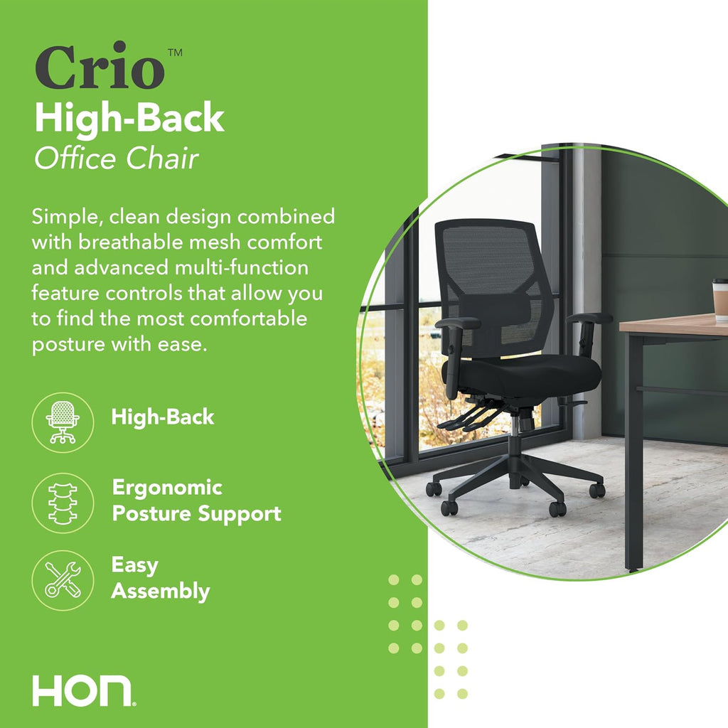 HON Crio Ergonomic Mesh Office Chair, High‑Back Desk Chair with Adjustable Arms, Lumbar Support, Asynchro‑Tilt Swivel Seating for Computer Desks and Home Office, Black Frame, Black