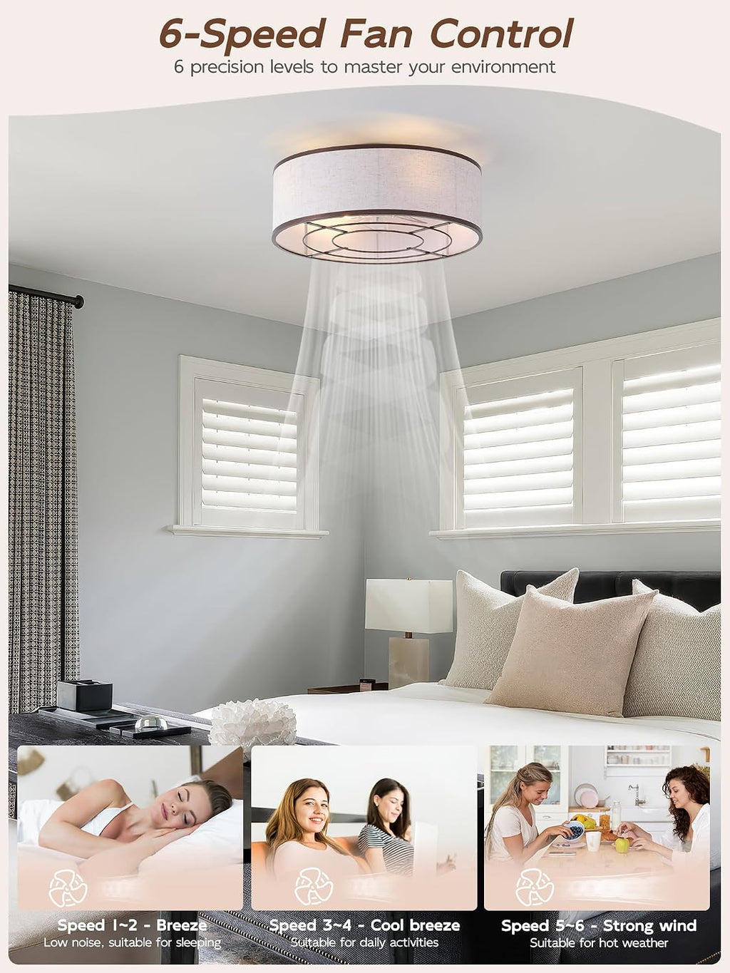 20' Brown Ceiling Fans with Lights, Boho Flush Mount Ceiling Fan with Light and Remote, Drum Fabric with 6 Speeds for Bedroom, Nursery, Living Room