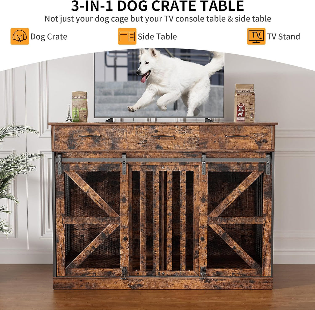 kepptory 48 Inch Large Dog Crate Furniture with 3 Storage Drawers, Wooden Pet Kennel with Removable Divider, Dog Kennel End Table TV Stand, Farmhouse Style Dog Crates with Sliding Barn Door (Brown)