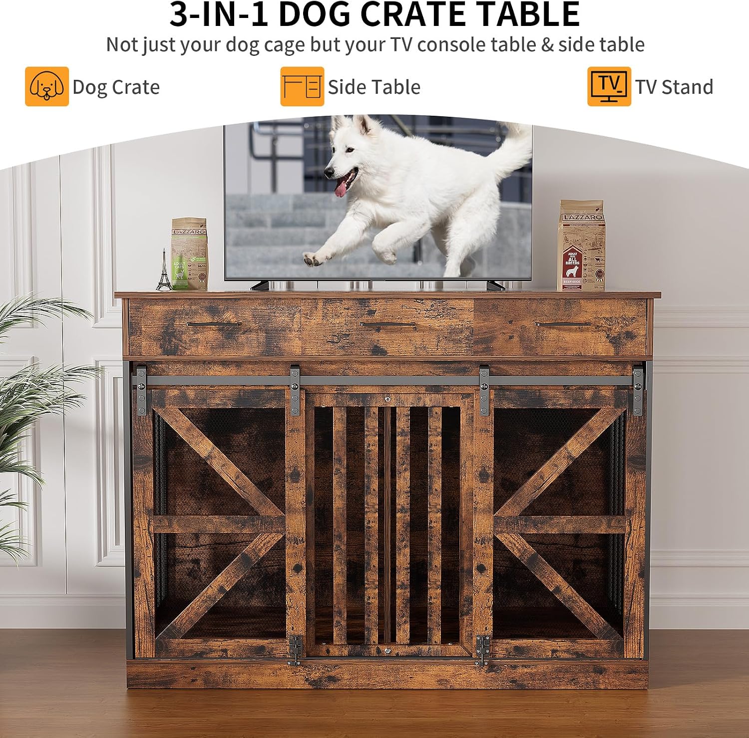 kepptory 48 Inch Large Dog Crate Furniture with 3 Storage Drawers, Wooden Pet Kennel with Removable Divider, Dog Kennel End Table TV Stand, Farmhouse Style Dog Crates with Sliding Barn Door (Brown)