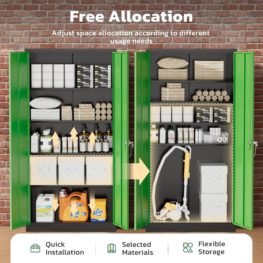 Greenvelly Metal Garage Storage Cabinet with 2 Doors and 4 Adjustable Shelves, 72' HLockable Storage Cabinet,Tall Metal Cabinet Locking File Cabinet for Office,Home, Garage, Gym, School