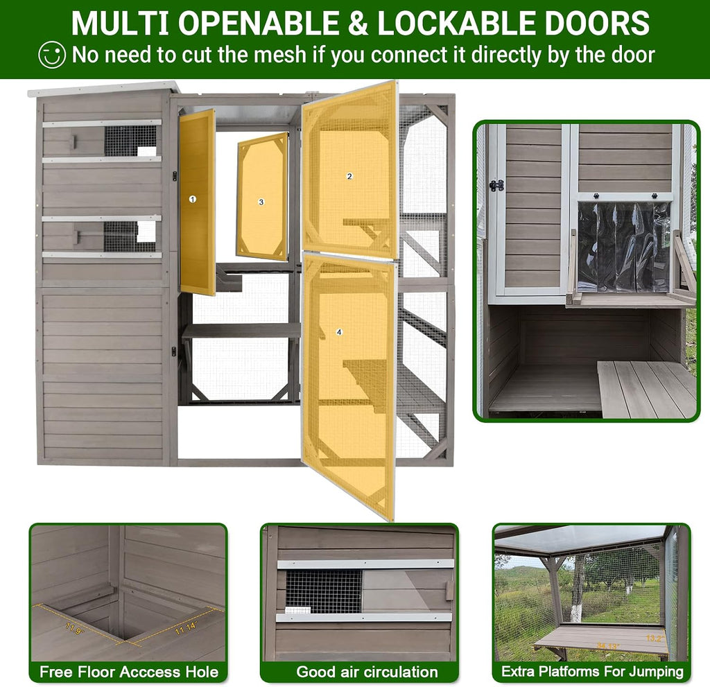 PetsCosset Large Catio Outdoor Cat Enclosure, Weatherproof Cat House Attached to Window for Multi Cats, 4 Story Wooden Kitten Condo Asphalt and UV Protection Roofs, Multi Platforms 153.6' L x 70' H