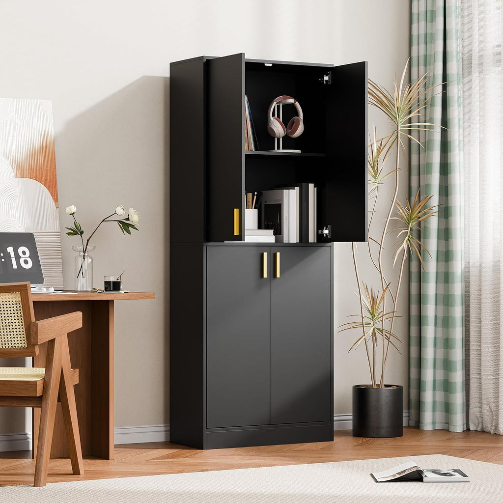 Cozy Castle Kitchen Pantry Cabinet, 71' Tall Wood Storage Cabinet with Doors and Shelves 4 Doors Freestanding Cupboard for Dining Room Living Room Furniture, Black | Wood Storage Cabinet