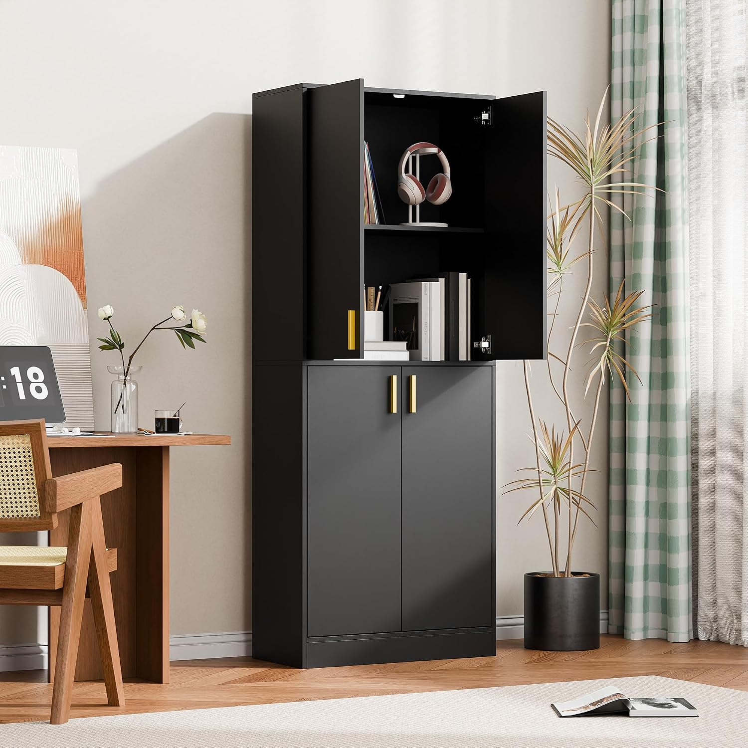 Cozy Castle Kitchen Pantry Cabinet, 71' Tall Wood Storage Cabinet with Doors and Shelves 4 Doors Freestanding Cupboard for Dining Room Living Room Furniture, Black | Wood Storage Cabinet