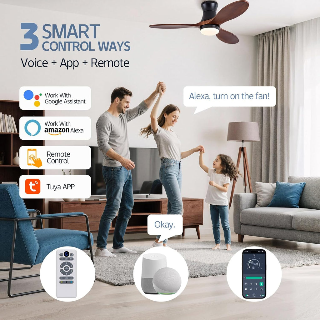 42' Smart Ceiling Fans with Lights and Remote, Compatible with Voice WIFI Alexa App Control,Solid Wood Blades,Reversible,6 Speed,Dimmable,Indoor/Outdoor Ceiling Fans for Living Room,Bedroom,Patio