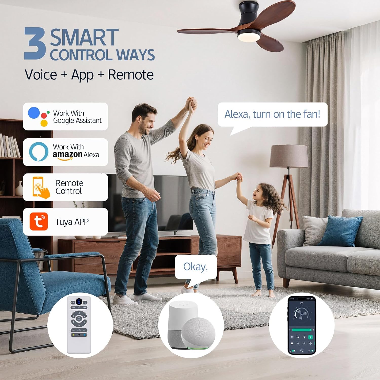 42' Smart Ceiling Fans with Lights and Remote, Compatible with Voice WIFI Alexa App Control,Solid Wood Blades,Reversible,6 Speed,Dimmable,Indoor/Outdoor Ceiling Fans for Living Room,Bedroom,Patio