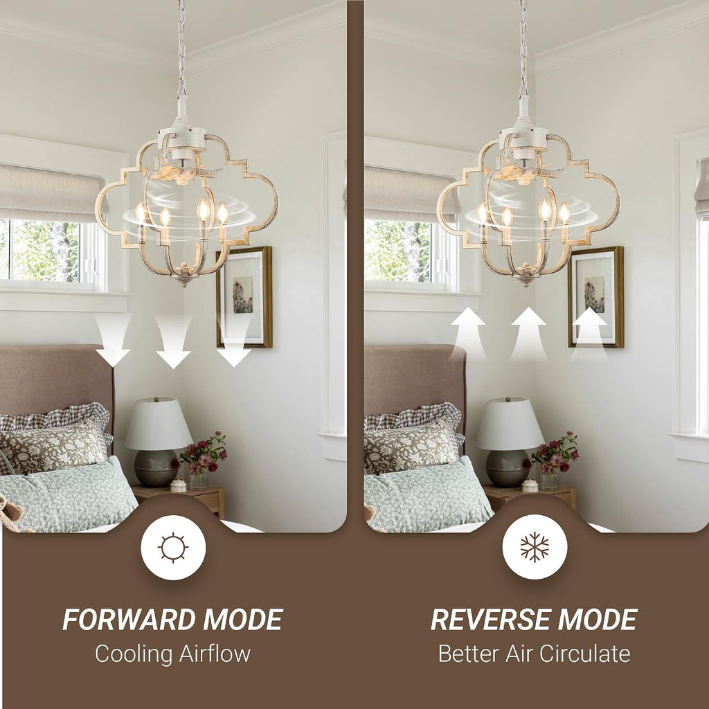 Chandelier Ceiling Fan, 23' Rustic Fandelier Ceiling Fan with Light, 4-Metal Rod Geometric Lantern Design, Vintage Hanging Ceiling Fans for Bedroom, Dining Room, Kitchen-White Gold
