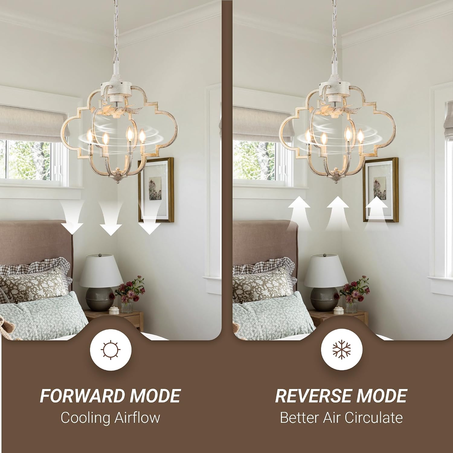 Chandelier Ceiling Fan, 23' Rustic Fandelier Ceiling Fan with Light, 4-Metal Rod Geometric Lantern Design, Vintage Hanging Ceiling Fans for Bedroom, Dining Room, Kitchen-White Gold