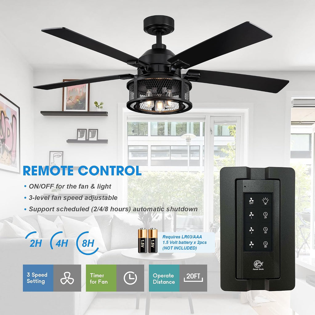 Ceiling Fans with Lights and Remote 52 Inch Farmhouse Rustic Ceiling Fan for Bedroom Living Room Black Chandelier Ceiling Fan with E12 Socket, 3 Speeds, Reversible 5 Blades, Timer, Ventilador de Techo