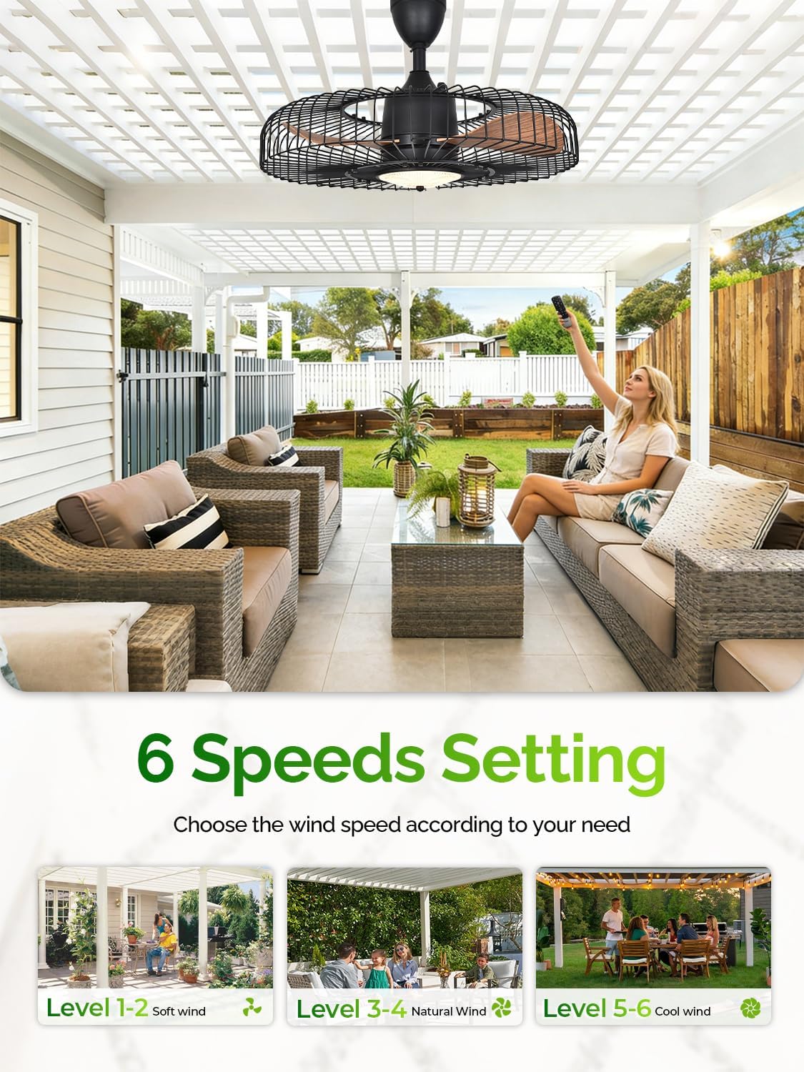 Orison Outdoor Ceiling Fans with Lights for Patio, 24' Weatherproof Ceiling Fan, Gazebo Fan Remote & APP Control, 3CCT Dimmable,Caged Plug in Ceiling Fan with Hanging Hook for Pergola Porch Canopy