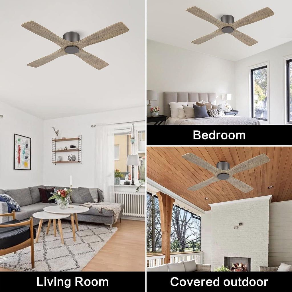 WINGBO 54 Inch Flush Mount DC Ceiling Fan without Lights, 4 Reversible Carved Wood Blades, 6-Speed Noiseless DC Motor, Hugger Ceiling Fan No Lights in Graphite Finish with Gray Blades, ETL Listed