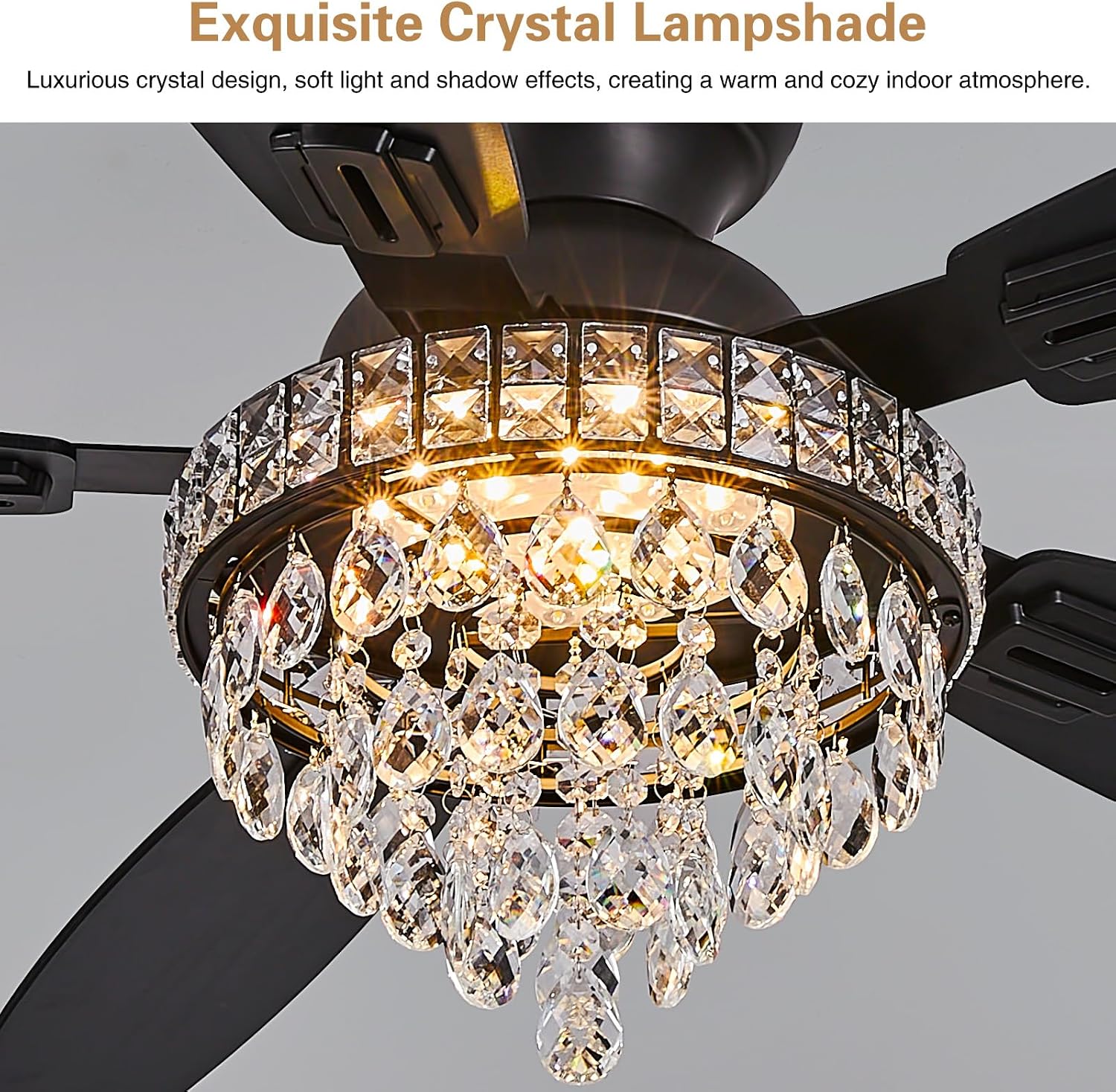 Crystal Ceiling Fan Fandelier with Lights-Ceiling Fans with Lights,54' Low Profile and Remote Control, Flush Mount, Reversible, Dimmable, Noiseless, Black Ceiling Fan for Bedroom