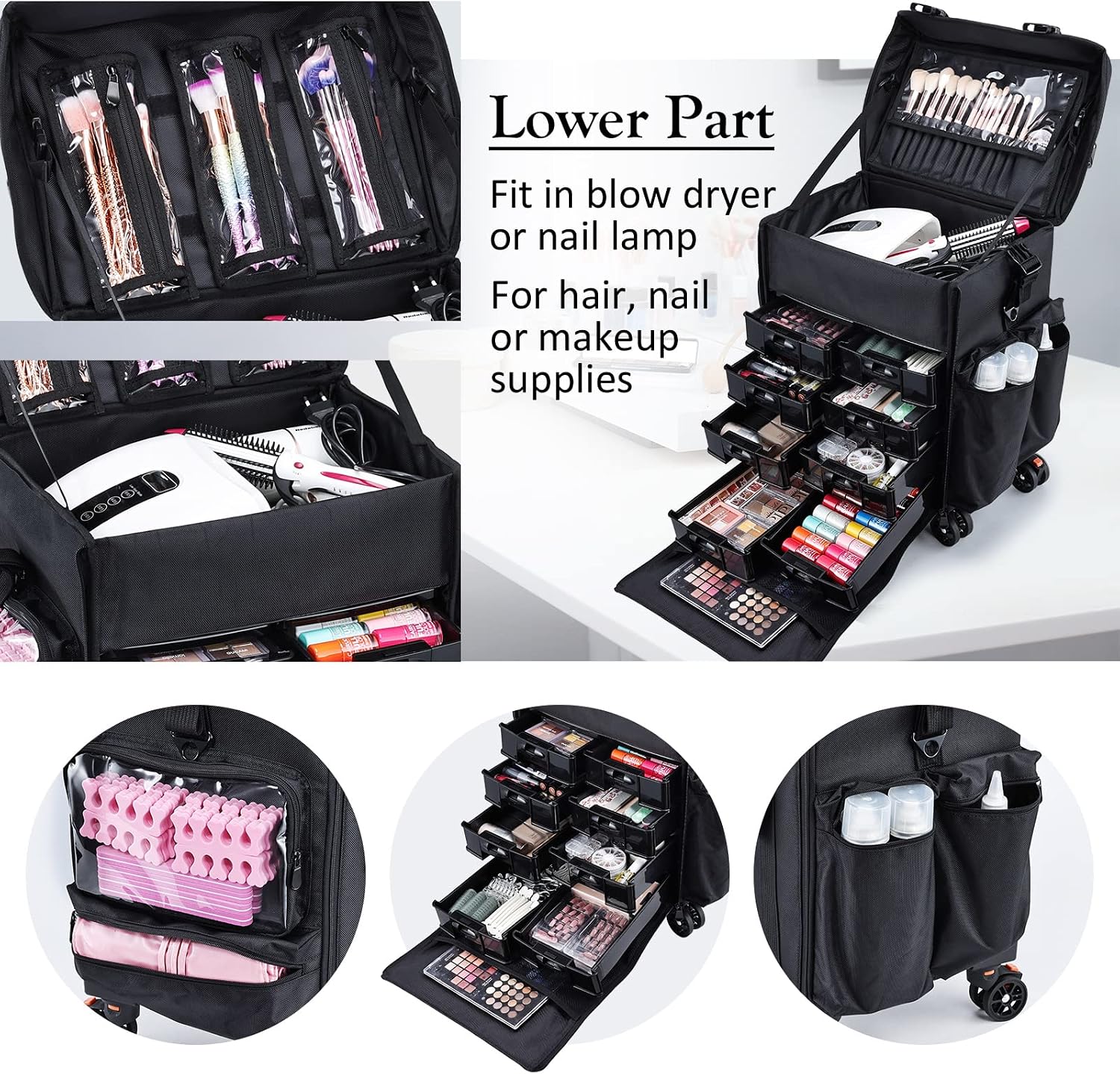 Stagiant Professional Rolling Makeup Case Soft Sided Cosmetology Organizer Wheeled Nylon Train Case Portable Travel Supply Station for Makeup Artist Nail Technician Hair Stylist Crafters