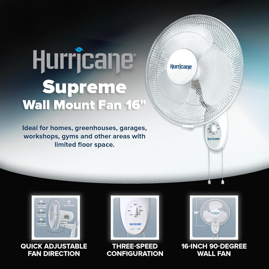 Hurricane 16' Supreme Oscillating Wall Mount Fan w/ 3 Quiet Speeds, White - Corded Electric Air Cooling Unit w/ Easy Pull Cord Controls for Homes, Greenhouses, Garages, Workshops & Gyms