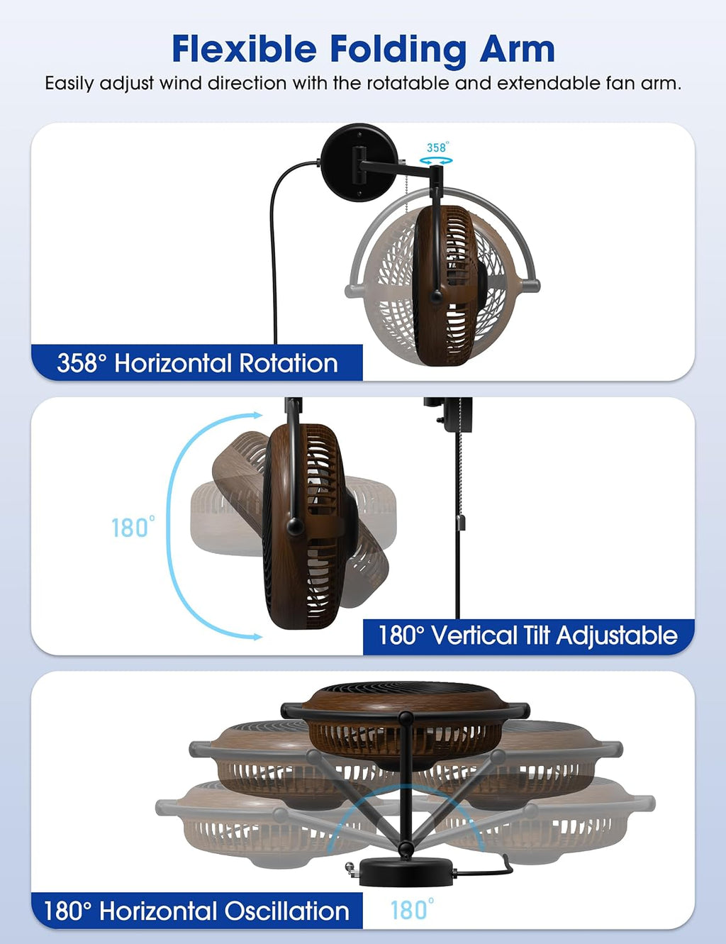 Wall Mount Fans with Pull Chain, 10 Inch Wall Fans Quiet Oscillating Wall-Mounted Fan, Adjustable Folding Arm, 2-Speed Plug-in Fan for Bedroom, Living Room, Bathroom, Patio, Kitchen, Black/ Walnut
