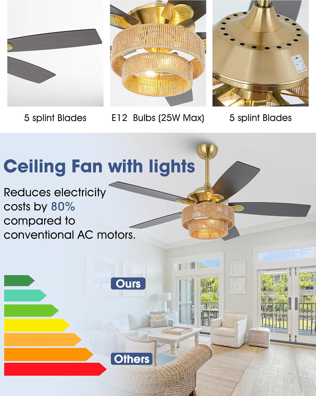 Parrot Uncle Ceiling Fans with Lights and Remote, 52 Inch Farmhouse Rustic Ceiling Fan for Bedroom, Chandelier Outdoor Ceiling Fans with Reversible 5 Blades, Black/Wood Grain, Woven Drum Shade