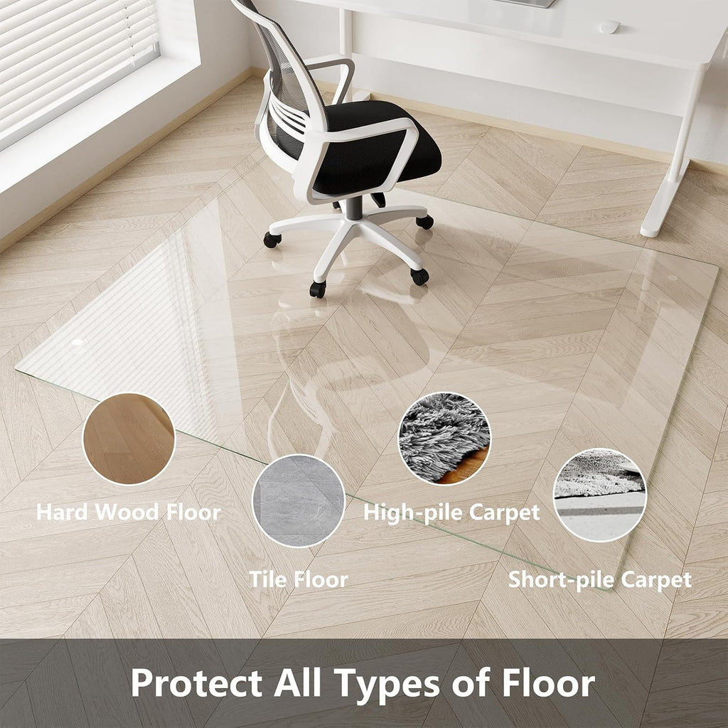Koonmi Glass Chair Mat for Carpet, 36'x48' Tempered Glass Office Chair Mat, Glass Floor Mats with Rounded and Polished Edges, Desk Chair Mats with 4 Anti-Slip Pads for Hardwood Floor, Carpet