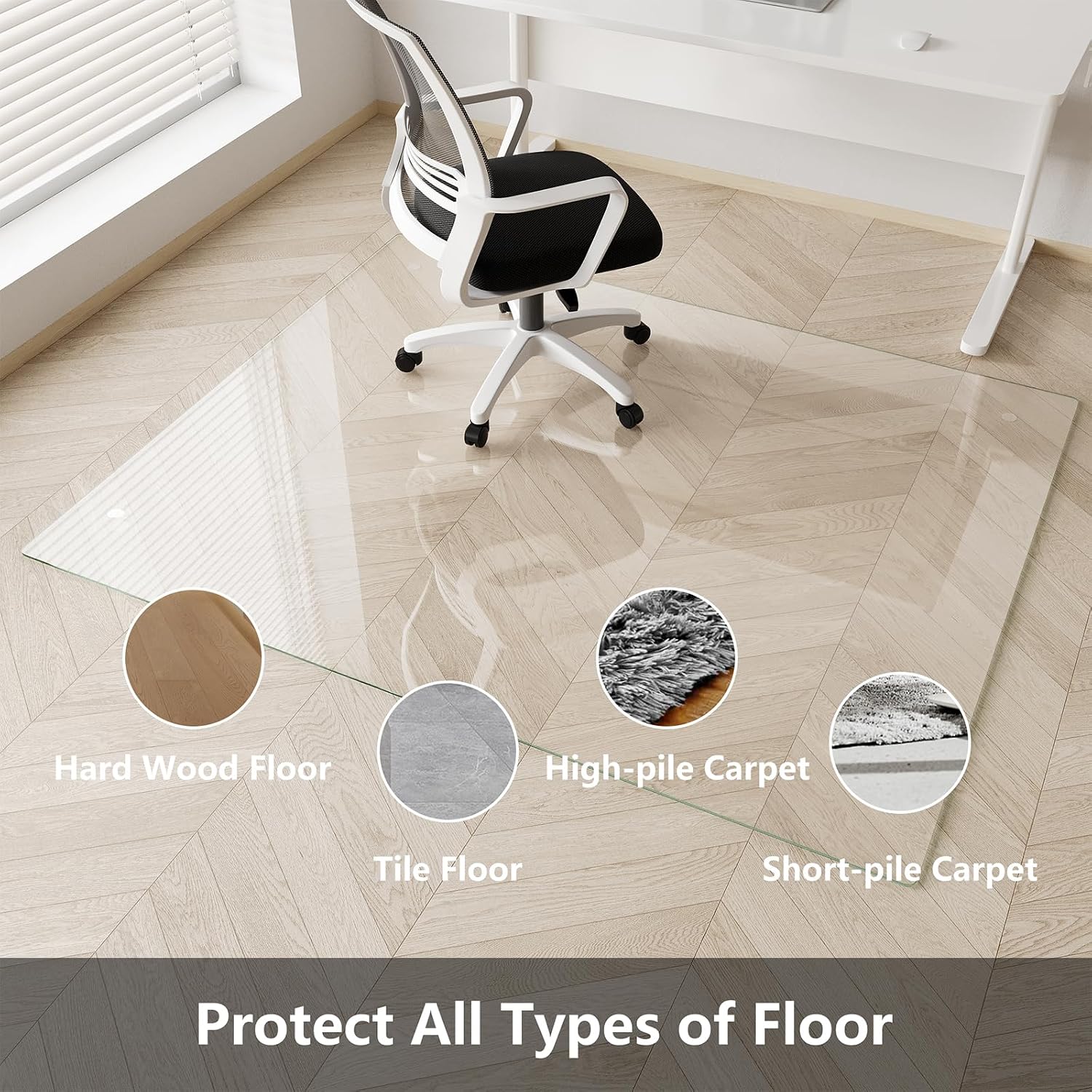Koonmi Glass Chair Mat for Carpet, 36'x48' Tempered Glass Office Chair Mat, Glass Floor Mats with Rounded and Polished Edges, Desk Chair Mats with 4 Anti-Slip Pads for Hardwood Floor, Carpet