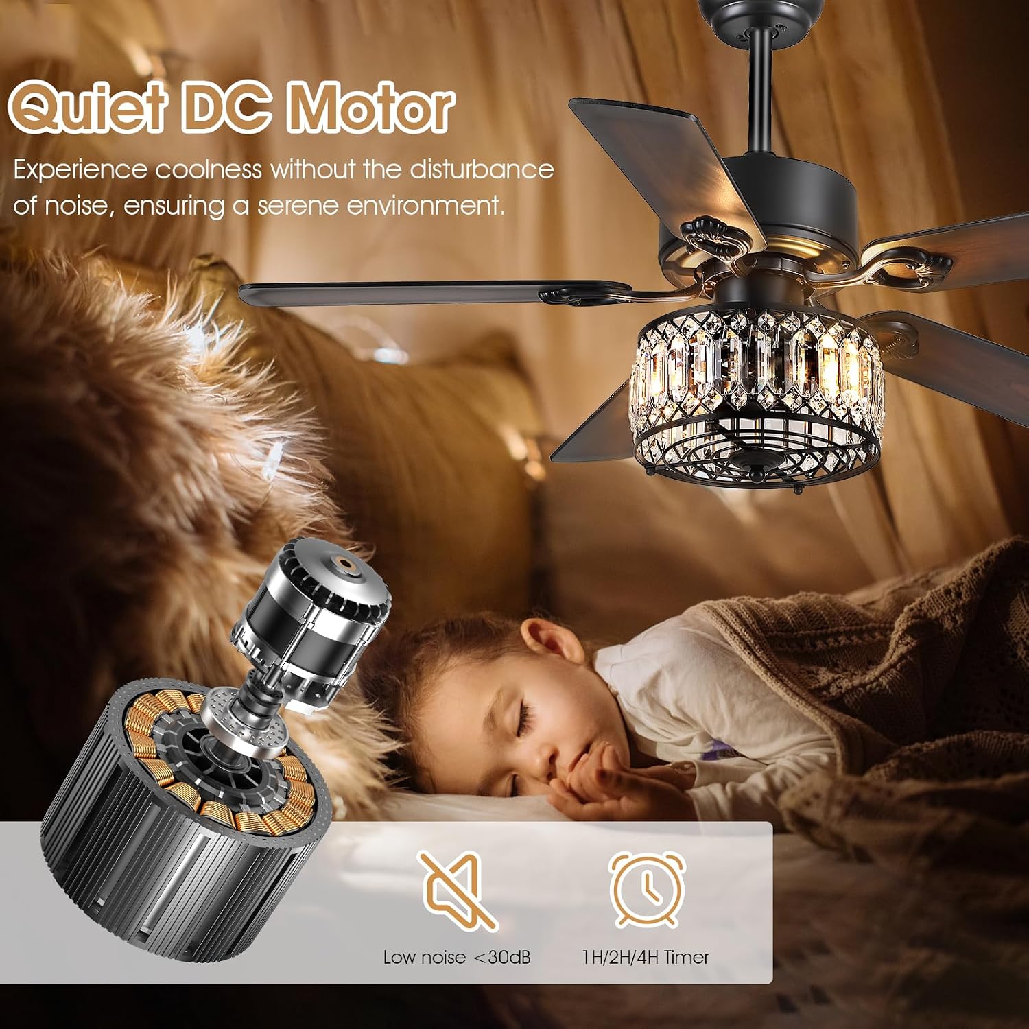 Kviflon Farmhouse Crystal Ceiling Fans with Lights and Remote, 48 Inch Chandelier Ceiling Fans, Black Fandelier Ceiling Fan for Bedroom Living Room, Quiet DC Motor, Reversible, Bulb not Included
