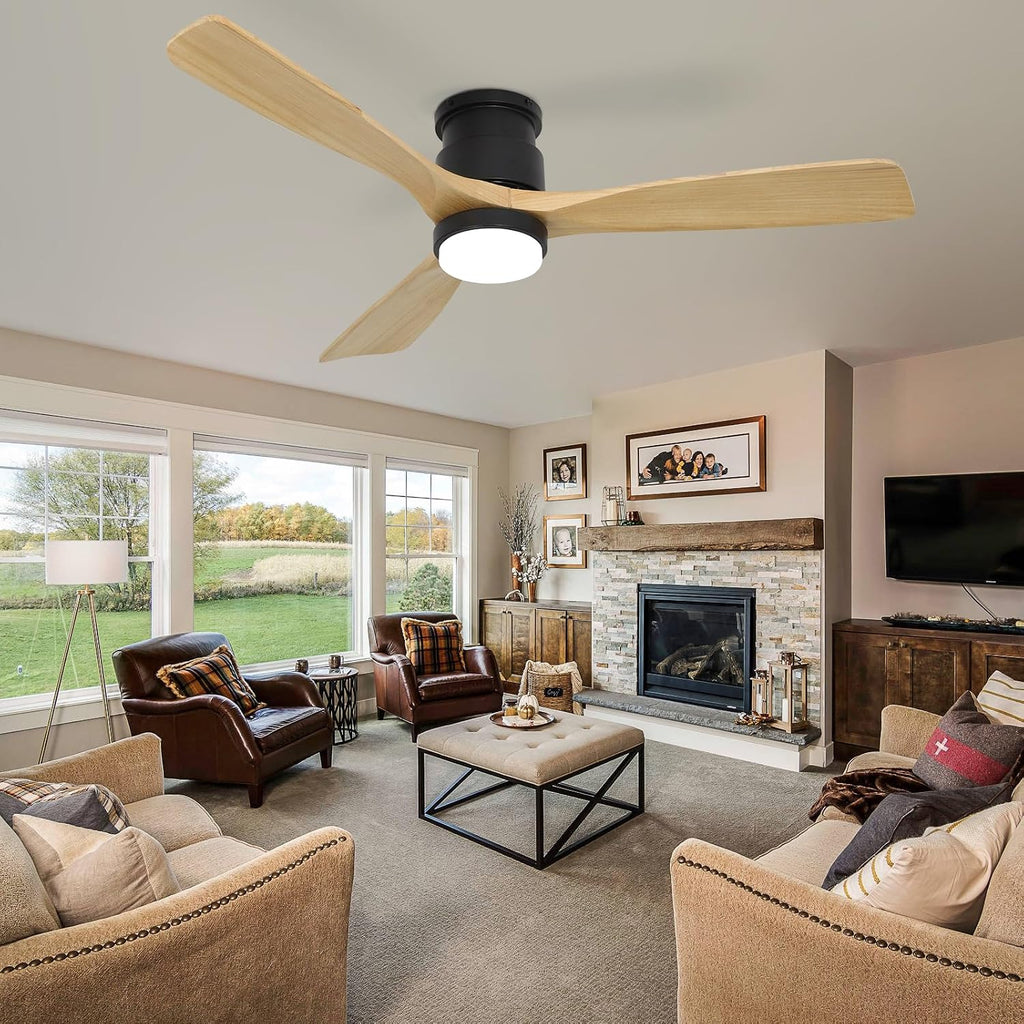 Flush Mount Ceiling Fan with Light Remote, 52inch Natural Wood Ceiling Fans, 6 Speeds Reversible DC Motor 3CCT LED Lighting, Indoor Outdoor Fan Farmhouse Bedroom Living Room