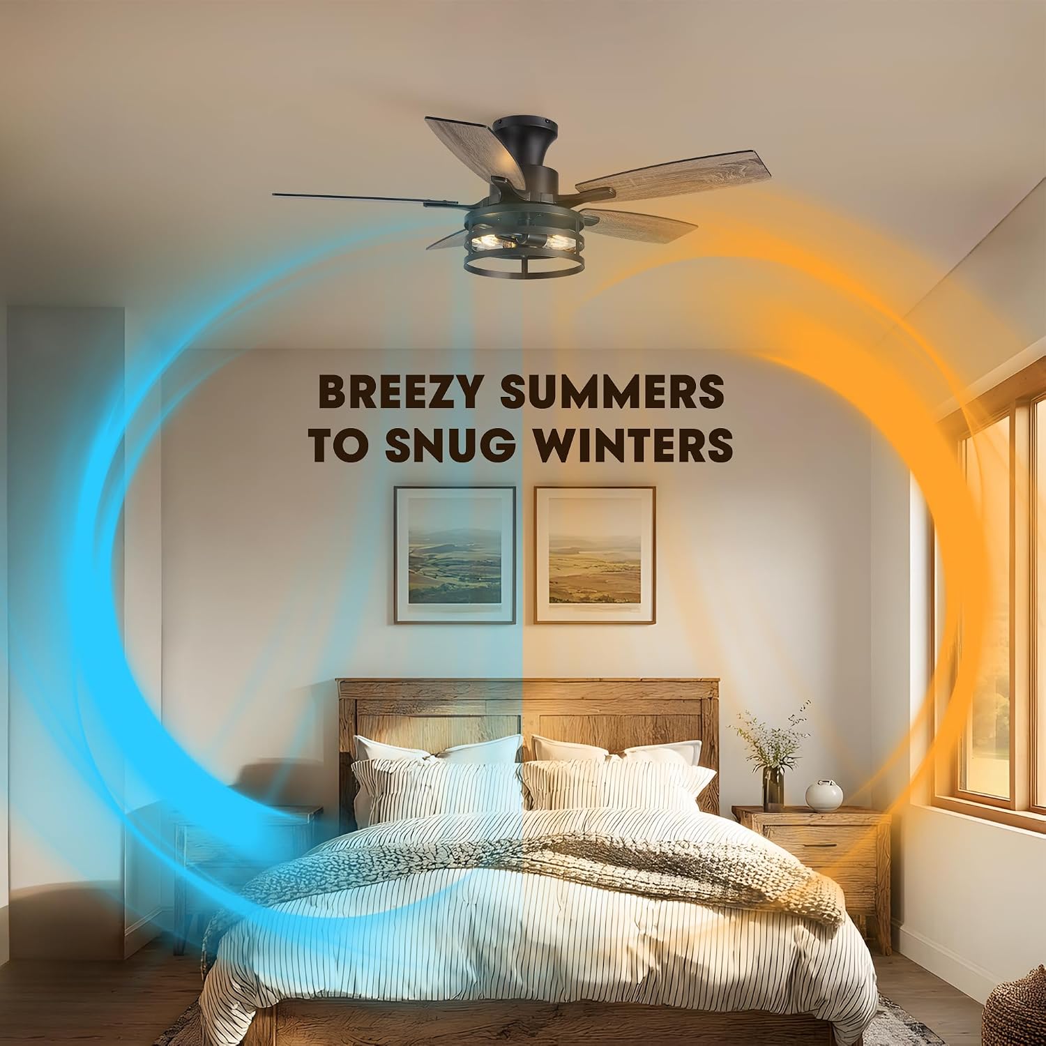 42 Inch Flush Mount Ceiling Fans with Lights and Remote Control, Farmhouse Ceiling Fan with LED Lighting for Bedroom Living Room and Patio, Black Caged Ceiling Fan for Indoor and Outdoor(NO Bulbs)