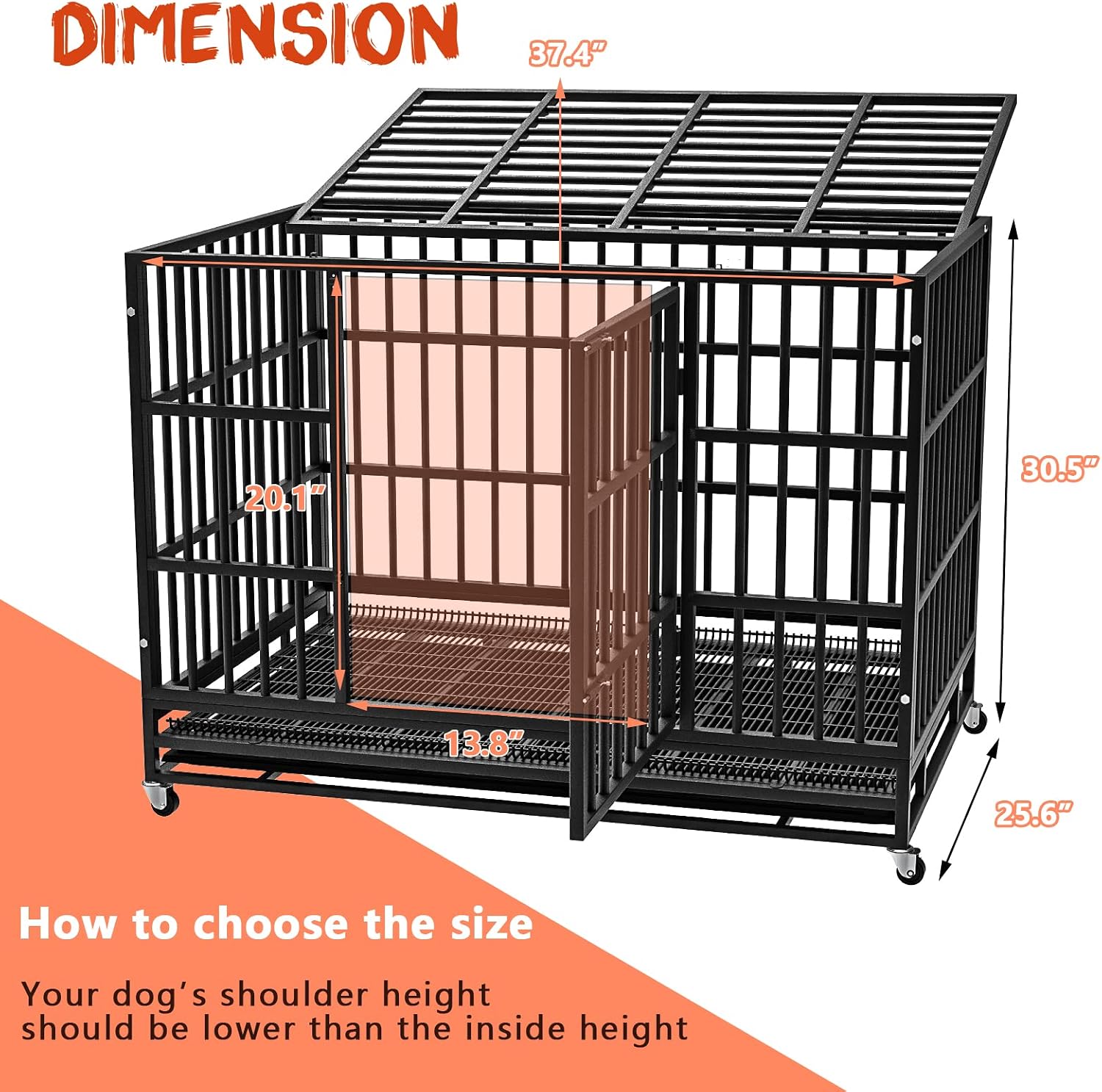 LEMBERI 38 Inch Heavy Duty Indestructible Dog Crate, High Capacity Escape Proof Double Door Kennel with Lockable Wheels, Small Metal Dog Cage with Reinforced Steel Tubes, Removable Tray, Black