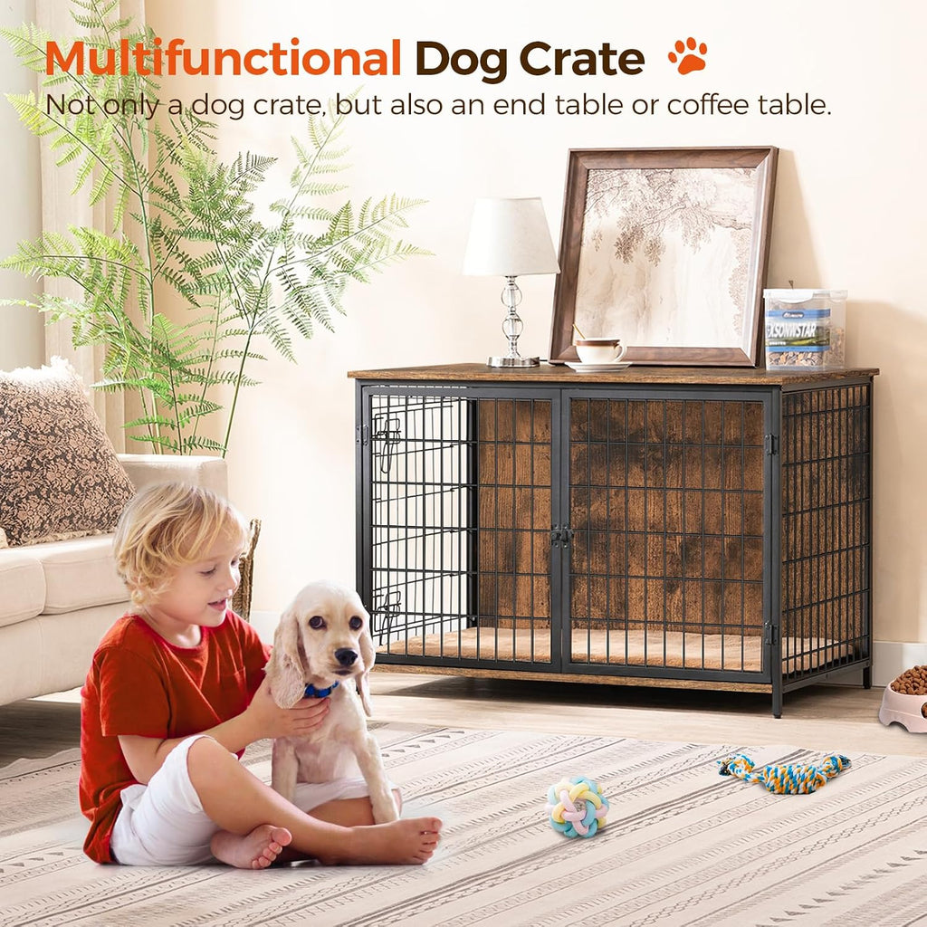 MAHANCRIS Dog Crate Furniture with Cushion, Wooden Dog Kennel with Double Doors, Heavy Duty Dog Cage for Small/Medium/Large Dogs, Indoor Dog House End Table, 39.4' L, Rustic Brown DCHR10701