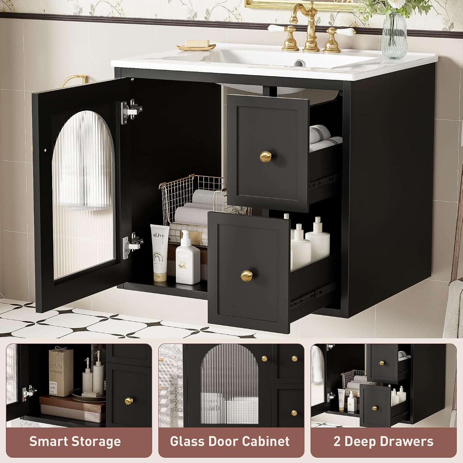 24 Inch Modern Wall Mounted Floating Bathroom Vanity Set with Ceramic Sink, 2 Drawers and 1 Soft-Close Door Bathroom Sink Cabinet for Guest Baths Master Suites (Black)