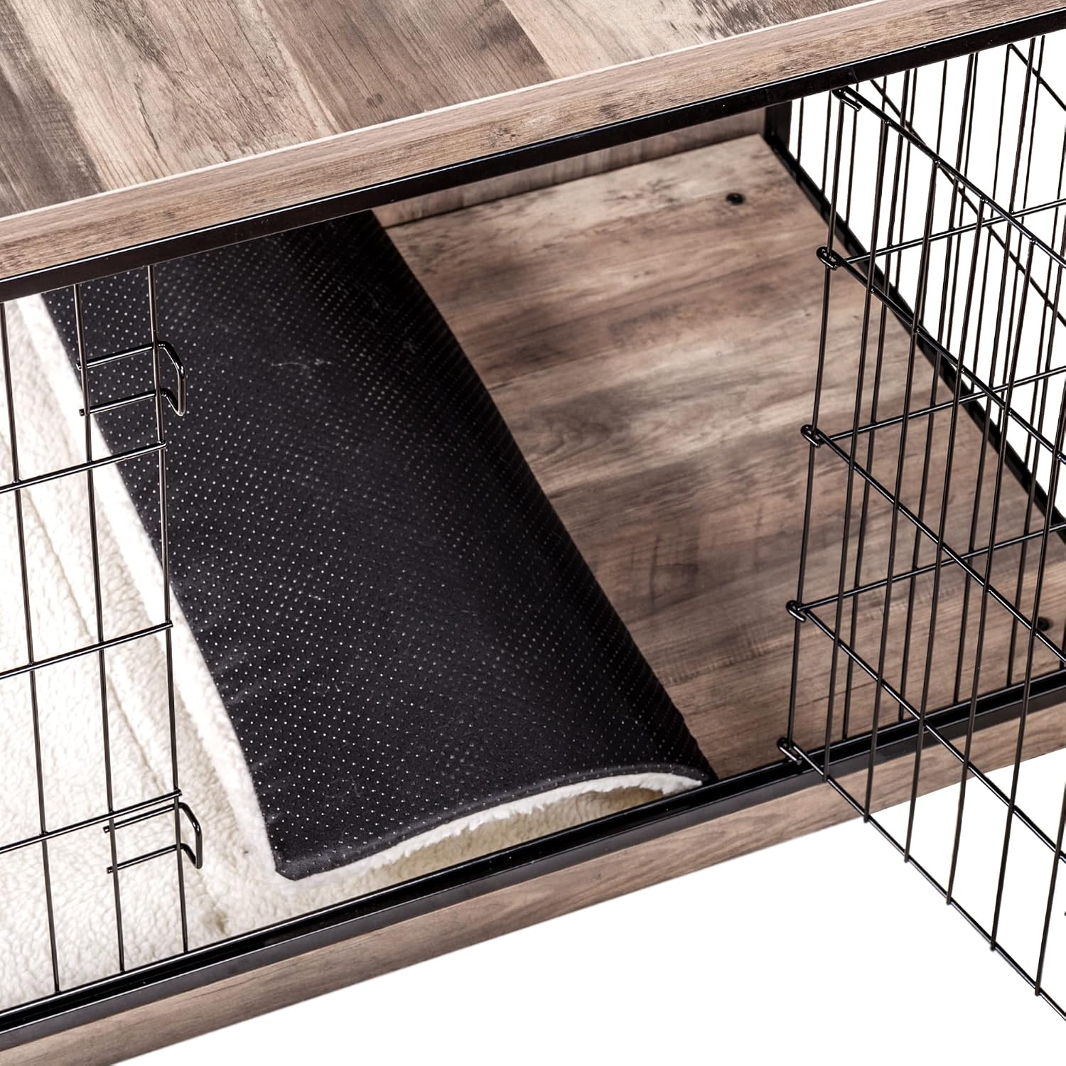 DWANTON Dog Crate Furniture with Cushion, Wooden Kennel Table with Double Doors, Indoor Dog House, Medium Size, 32.5' L, Greige