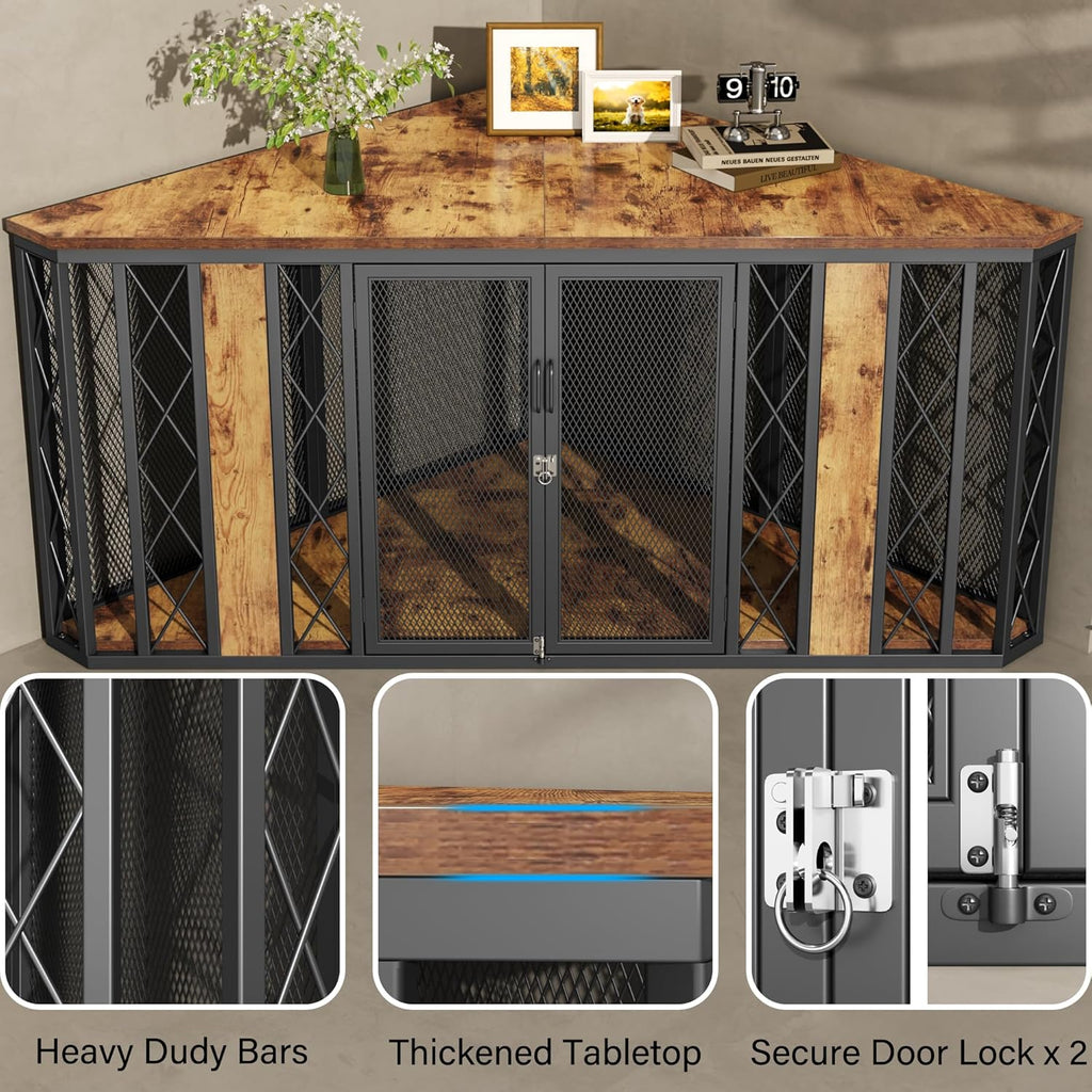 kepptory 67' Corner Wooden Dog Crate Furniture with Diamond Metal Decoration, Pet Kennel for Small, Medium and Large Dogs, Space-Saving Dog Cage for TV Stand(Brown)