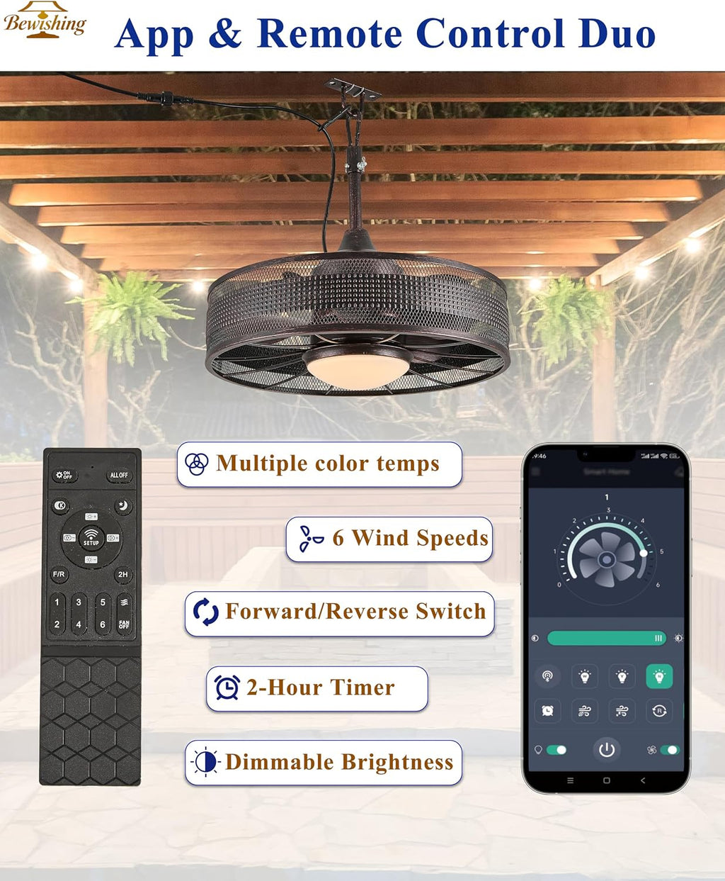 20' Plug-in Outdoor Ceiling Fan with Light, No Hardwiring Required, IP44 Waterproof, 3 CCT, APP & Remote Control, 6-Speed DC Motor, Cage Fandelier for Gazebo Patio, Black Gold