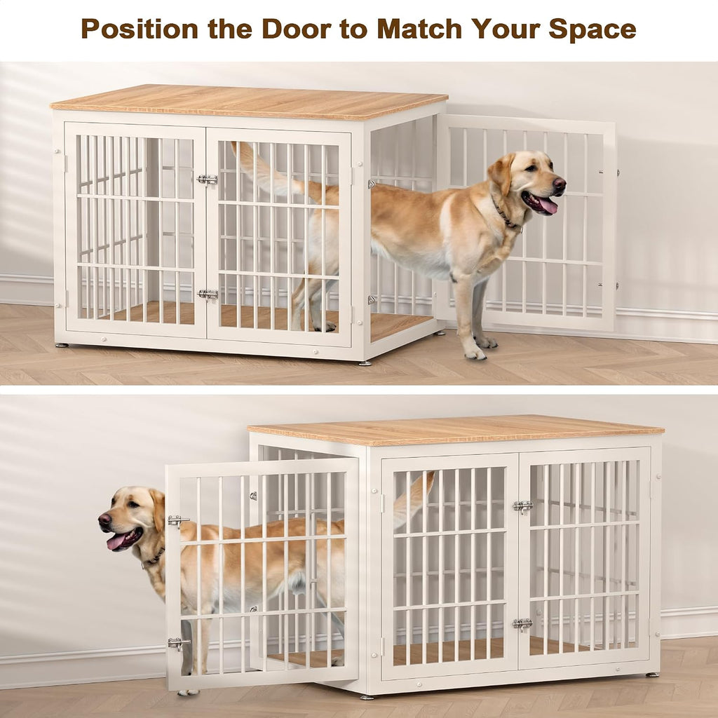 rehomerance 42 Inch Heavy Duty Dog Crate Furniture for Large and Medium Dogs, Decorative Pet House End Table, Wooden Cage Kennel Furniture Indoor, Natural and White