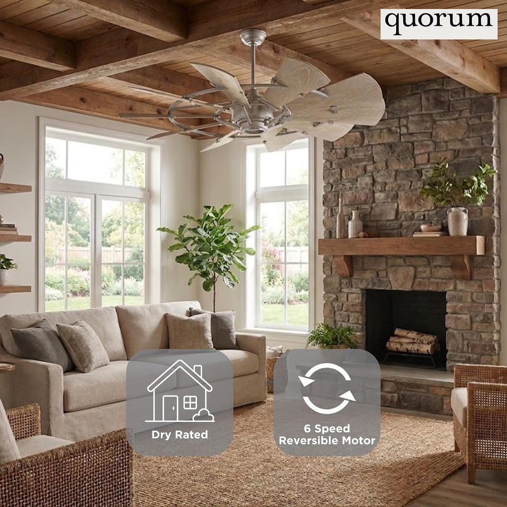 Quorum 97215-9 Windmill 72 Inch Ceiling Fan | 15 Blade Wagon Wheel Design | 6 Speed Reversible DC Motor | Remote Control Included | Dry Rated Ceiling Fan | Weathered Oak Blades | Galvanized Finish