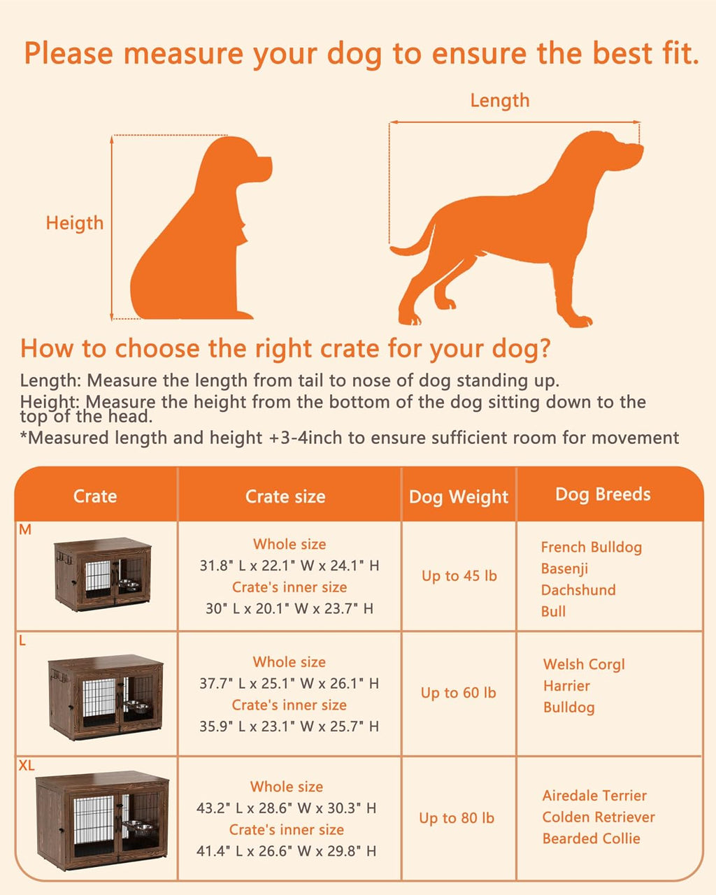 Piskyet Wooden Dog Crate Furniture with 360°Rotatable Removable Dog Bowls, Dog Crate End Table with Tray(L:37.7' L*25.1' W*26.1' H, Rustic Brown)
