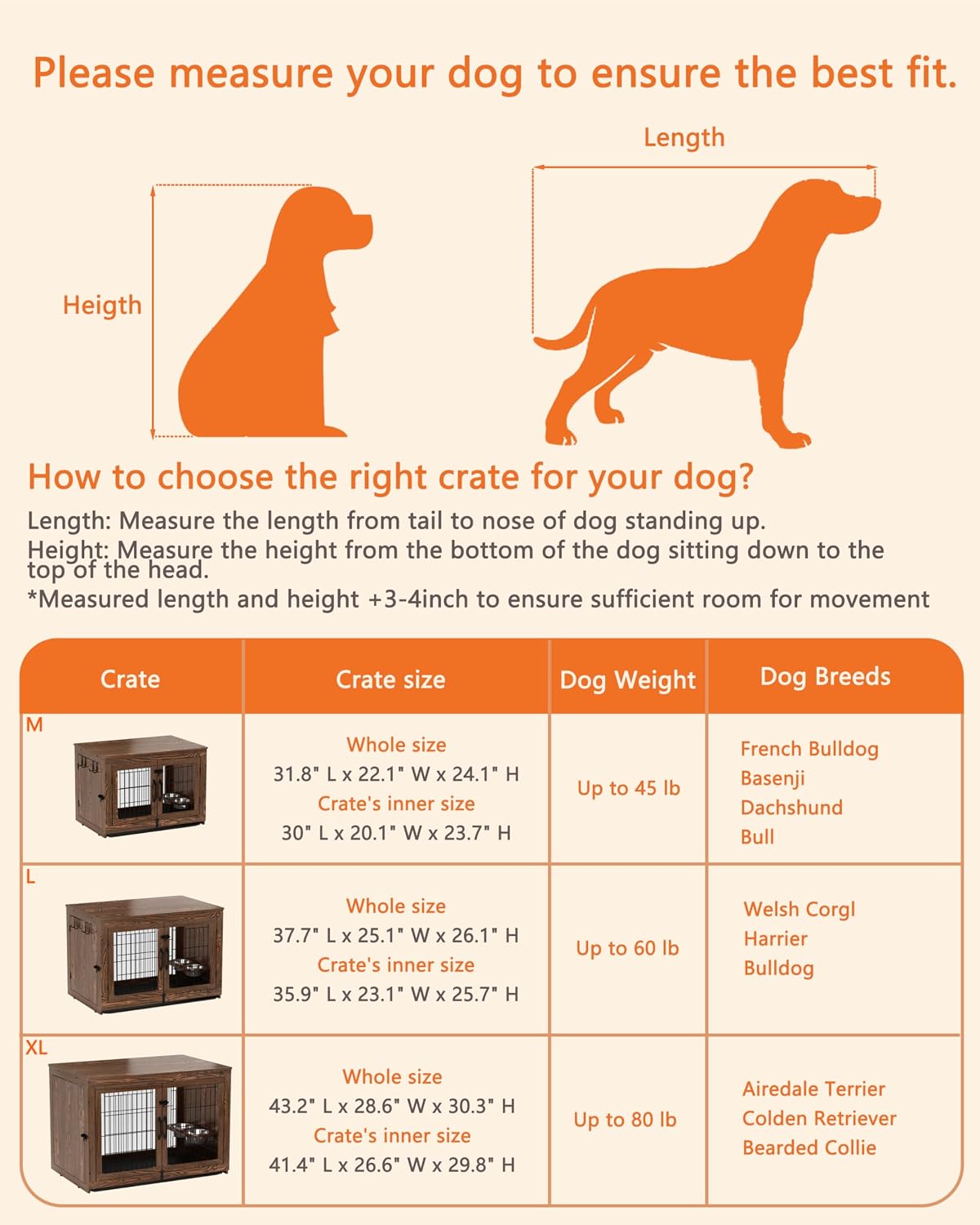Piskyet Wooden Dog Crate Furniture with 360°Rotatable Removable Dog Bowls, Dog Crate End Table with Tray(L:37.7' L*25.1' W*26.1' H, Rustic Brown)