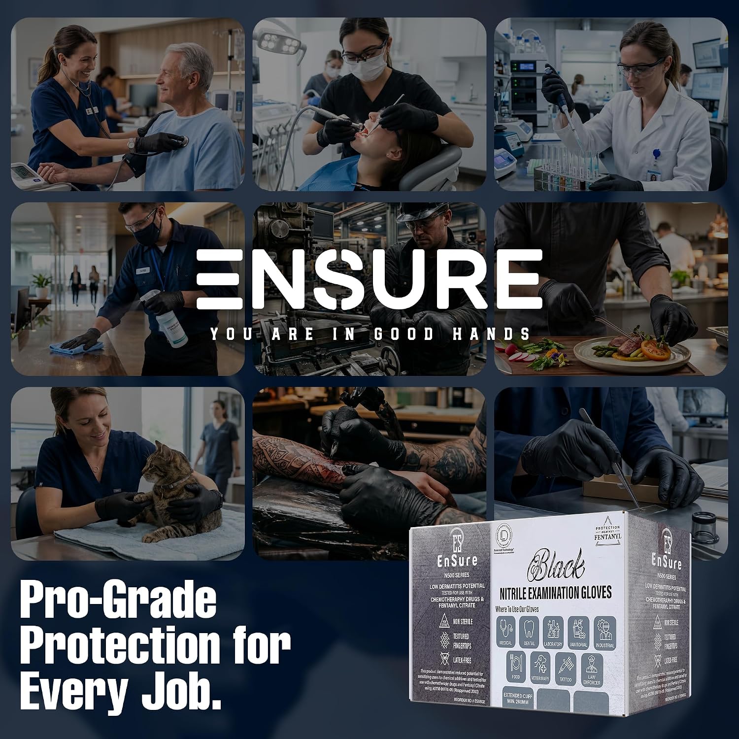 Ensure Black Nitrile Gloves – 5 Mil Heavy-Duty Disposable Gloves, Low Dermatitis, Powder & Latex Free, Chemo-Rated