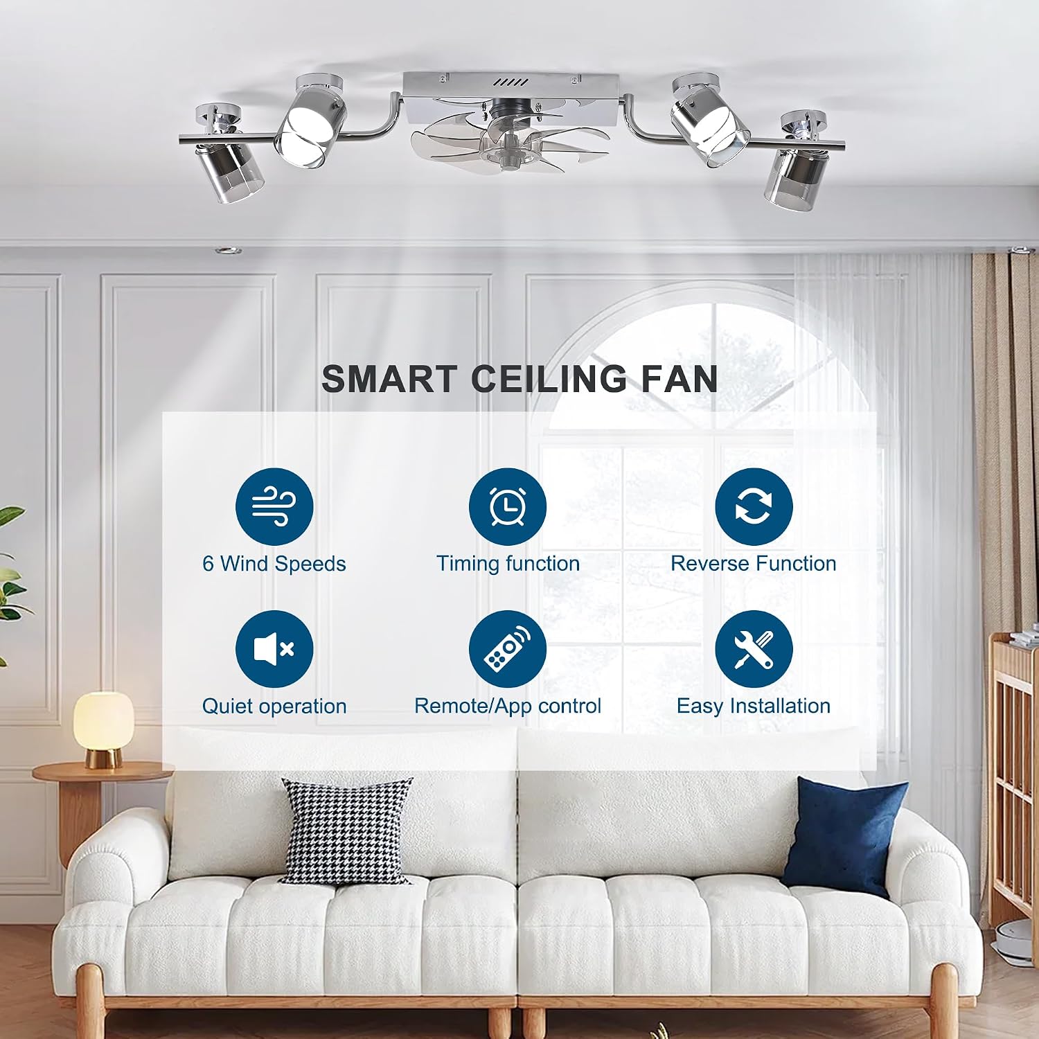 Qcyuui Ceiling Fans with Lights and Remote,39.4' Low Profile Ceiling Fan Dimmable Fandelier Ceiling Fan with Light 360° Rotatable Lightheads Modern Flush Mount LED Fan Light for Bedroom Kitchen
