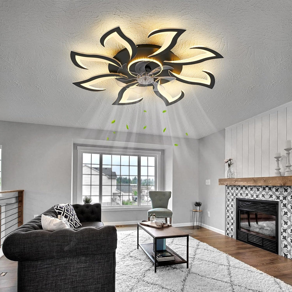 Modern Ceiling Fan with Lights, Black Flush Mount Ceiling Fan with Remote & APP Control, Dimmable LED Fan Light, 6 Speeds Low Profile Ceiling Fan for Bedroom Living Room