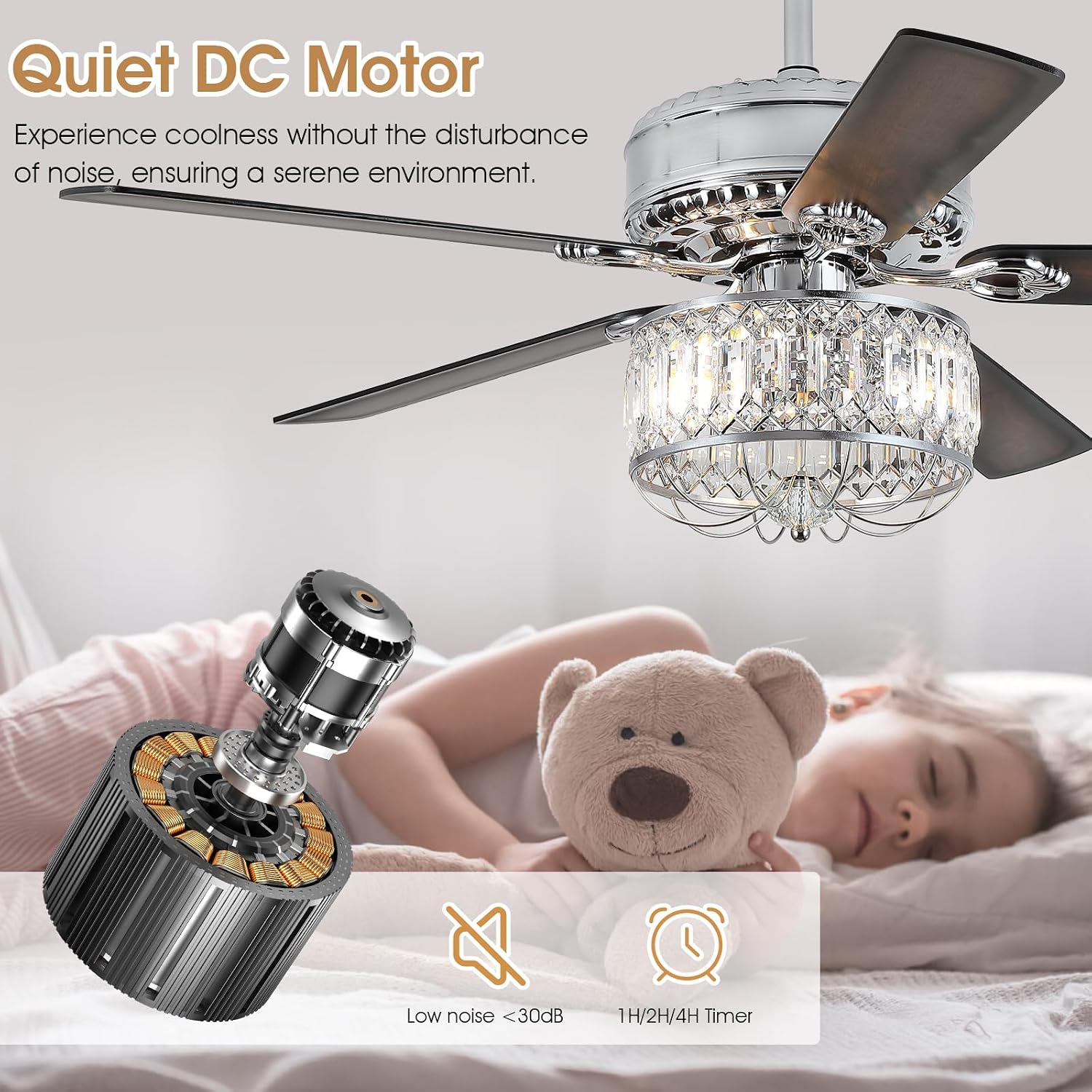 Kviflon Farmhouse Crystal Ceiling Fans with Lights and Remote, 52 Inch Chandelier Ceiling Fans, Chrome Fandelier Ceiling Fan for Bedroom Living Room, Quiet DC Motor, Reversible, Bulb not Included