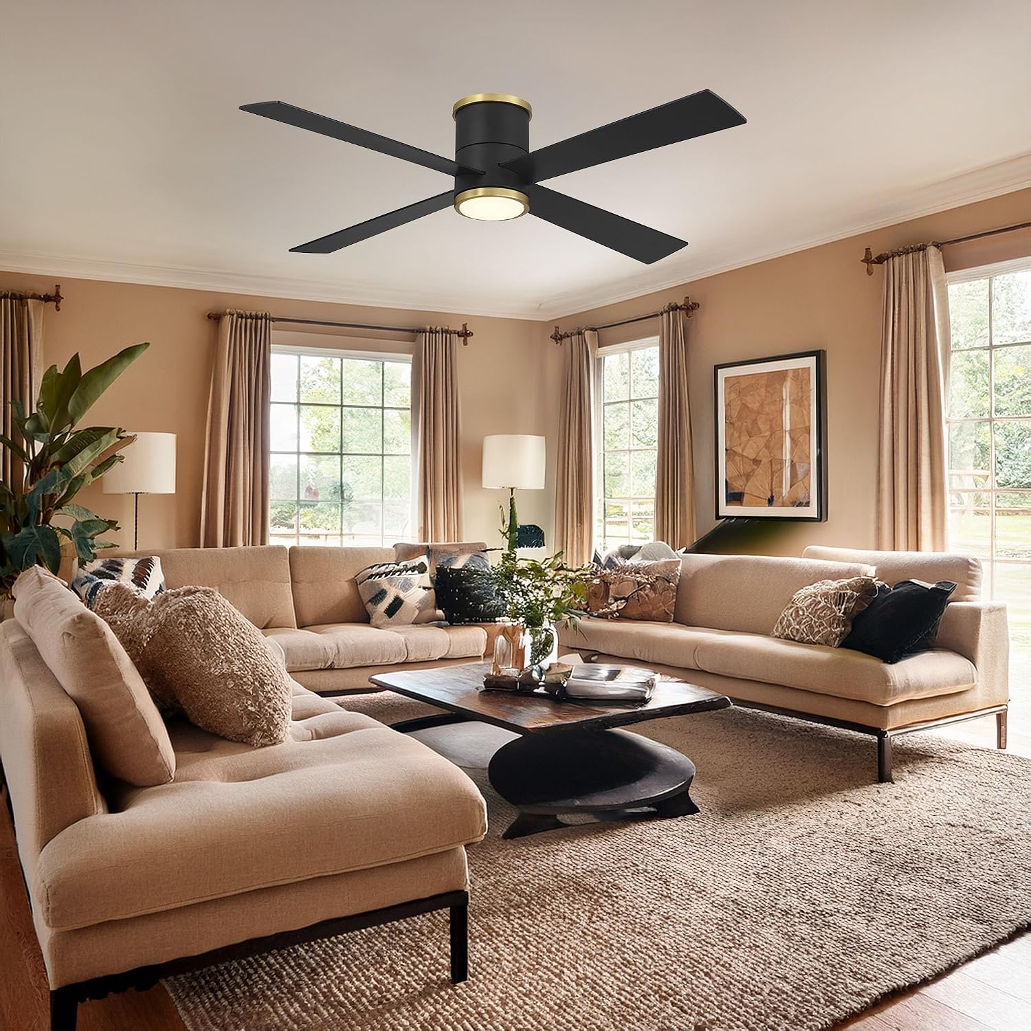 MINKA-AIRE F797L-CL/SBR Falco 54' 4-Blade LED Flush Mount Ceiling Fan - Coal and Soft Brass Finish with Etched Lens