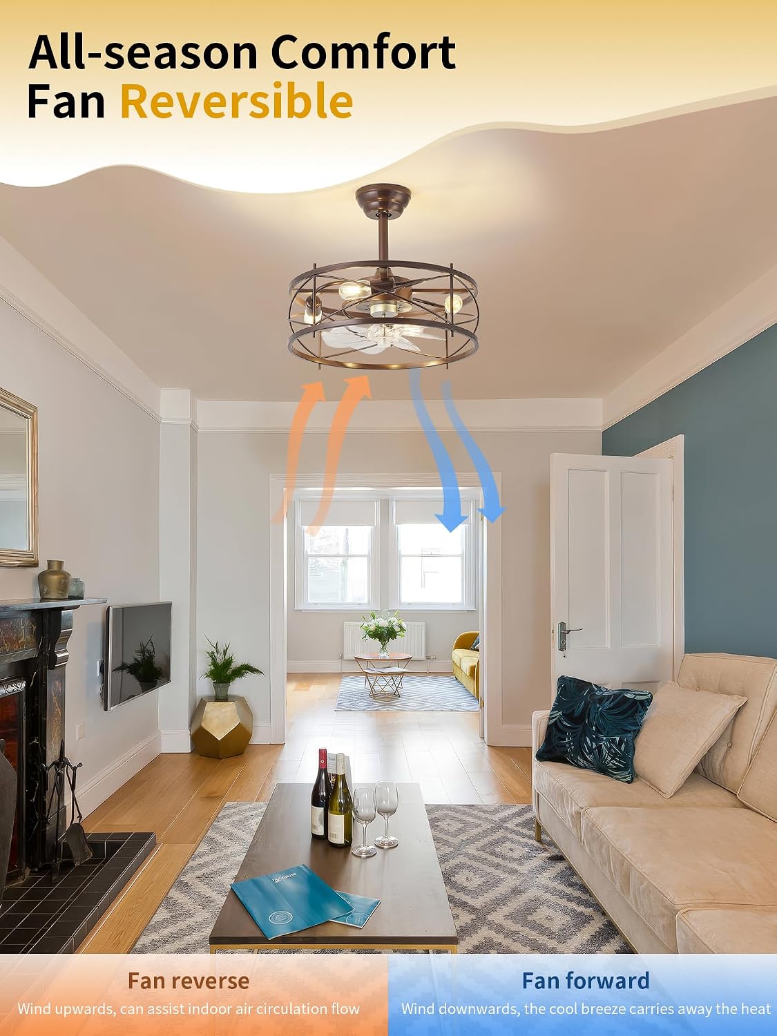 20' Farmhouse Fandelier Ceiling Fan with Light, Caged Bladeless Ceiling Fans with Lights and Remote, Rustic Small Enclosed with 6 Speeds for Bedroom, Kitchen, Living Room, Brown