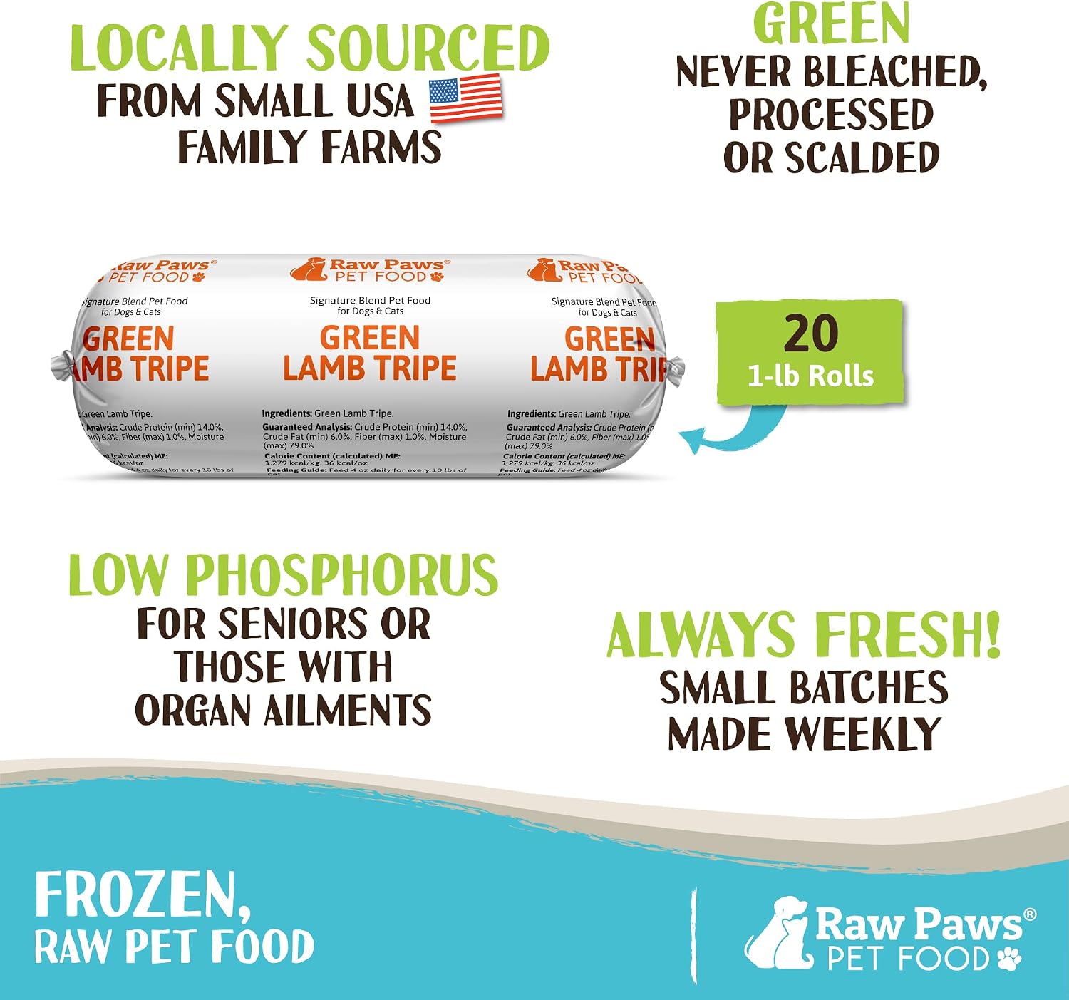 Raw Paws Signature Pet Food for Dogs & Cats - Green Lamb Tripe, 1-lb Rolls (20 Pack) - Fresh Pet Food Made in USA - Natural Dog Food Rolls - Raw Frozen Dog Food – Green Lamb Tripe for Dogs & Cats