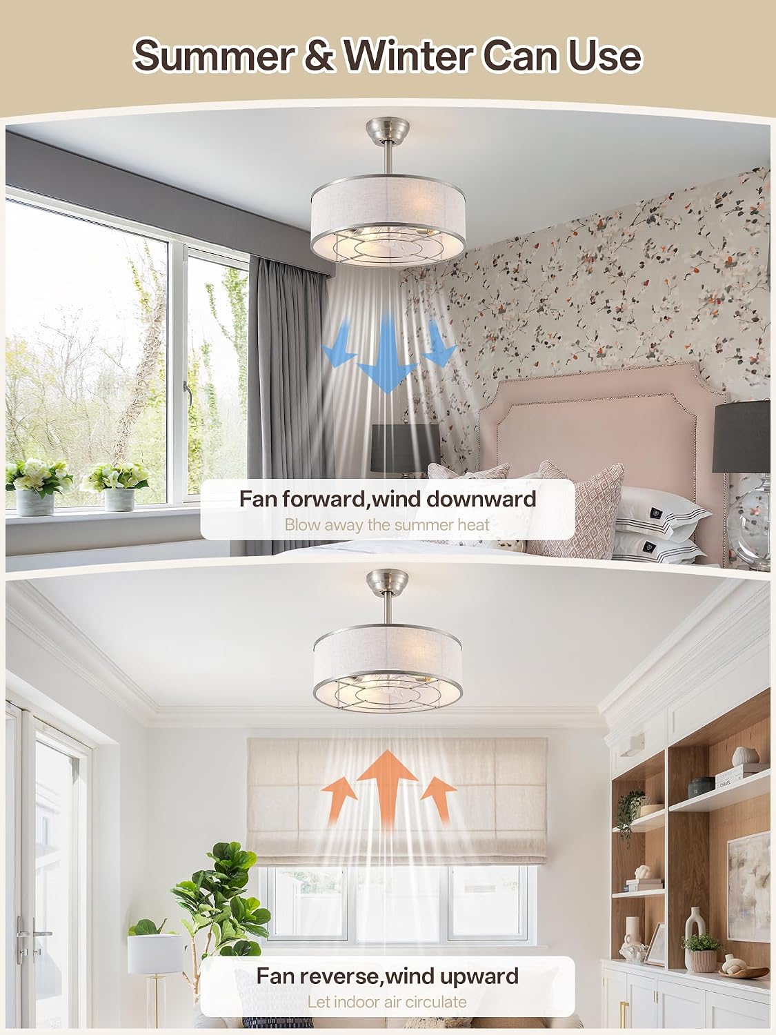 20' Sliver Caged Boho Fandelier Ceiling Fan with Light & Remote Control - Bladeless Chandelier Fan, 6 Speed Quiet Reversible Motor for Bedroom, Nursery, Living Room